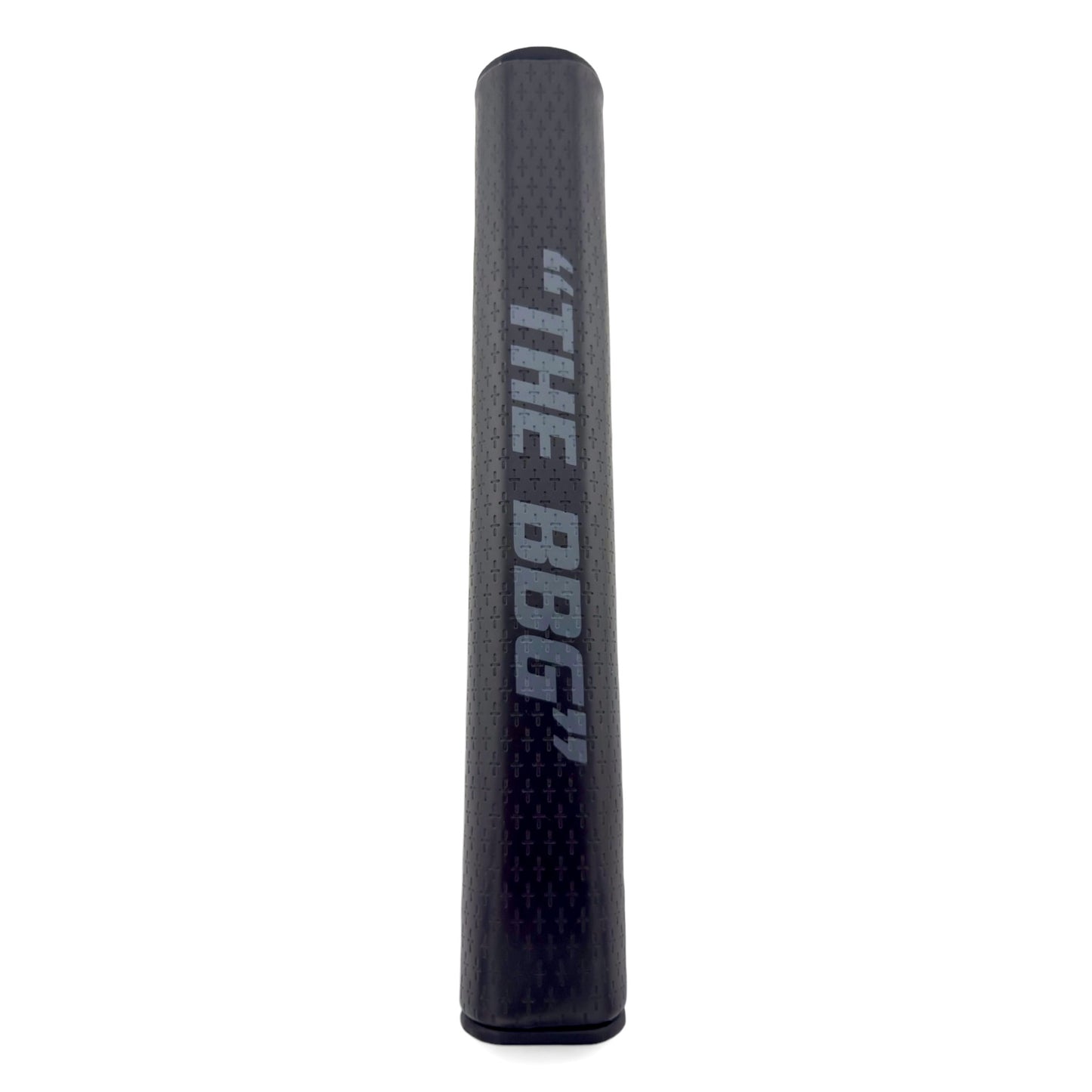 The Big Black Grip "The BBG" 5.0 Tour Oversized Putter Grip, featuring silver vertical text, is crafted from premium PU material for maximum stability and shown upright against a white background.
