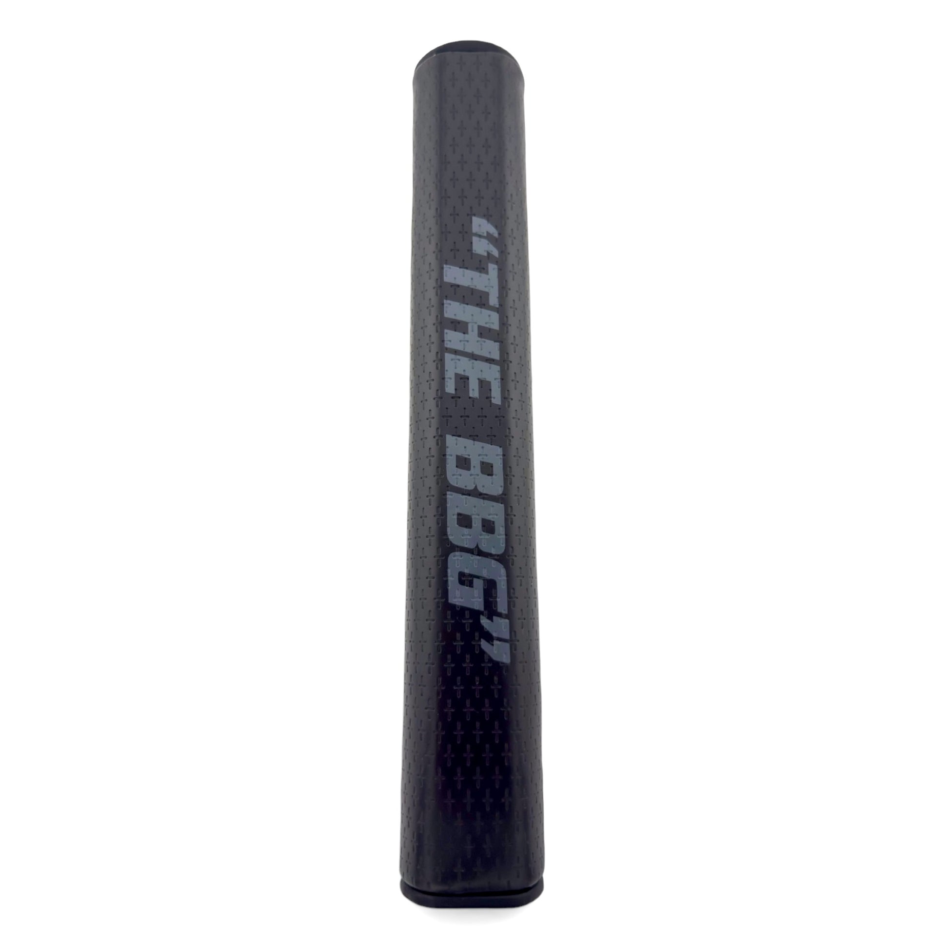 The Big Black Grip "The BBG" 5.0 Tour Oversized Putter Grip, featuring silver vertical text, is crafted from premium PU material for maximum stability and shown upright against a white background.