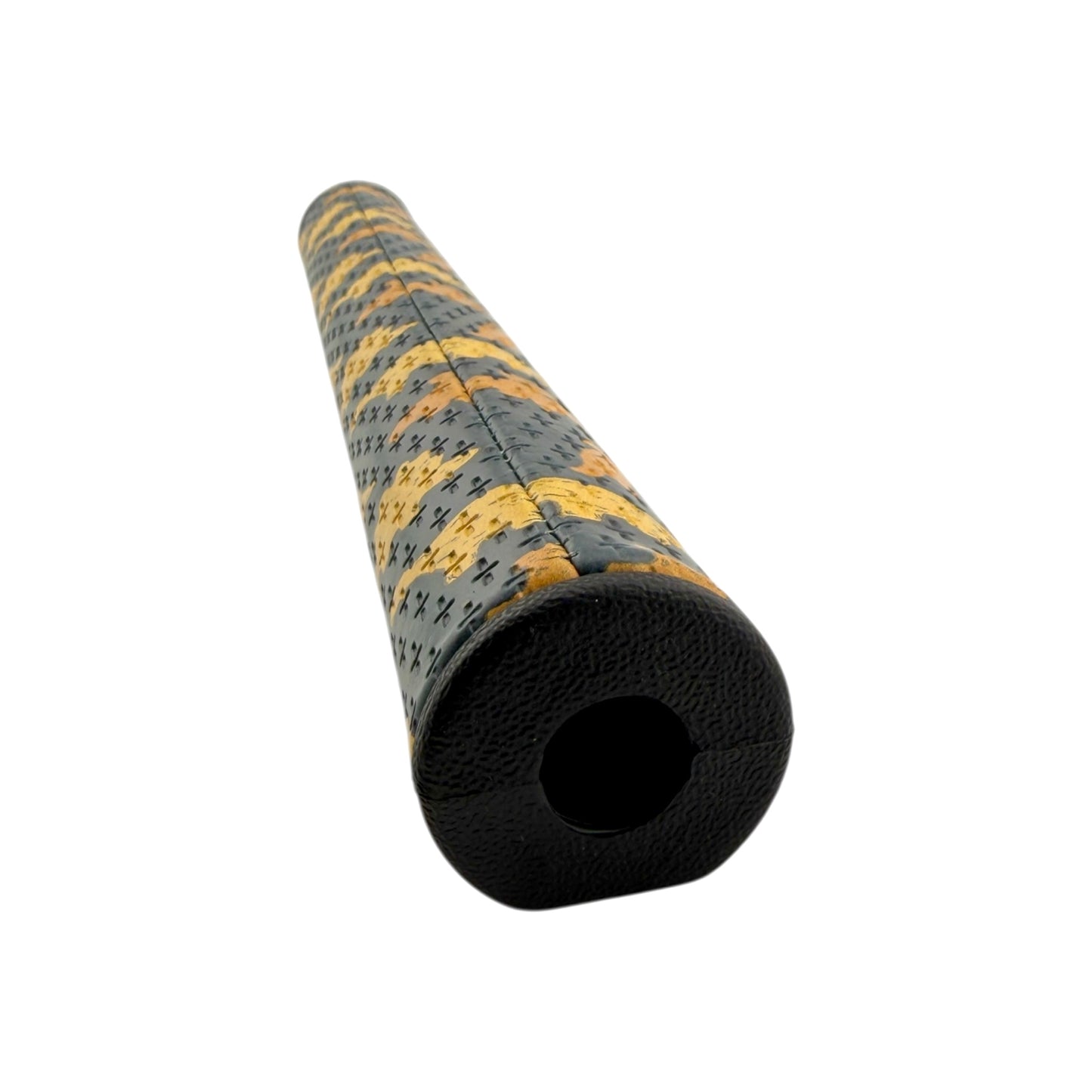 Close-up of the Dino Nugget Putter Grip (3.0 Tour Grip) in black and yellow dinosaur nugget design, made from premium PU material for a stable oversize feel, featuring a hollow center and textured end, isolated on white.