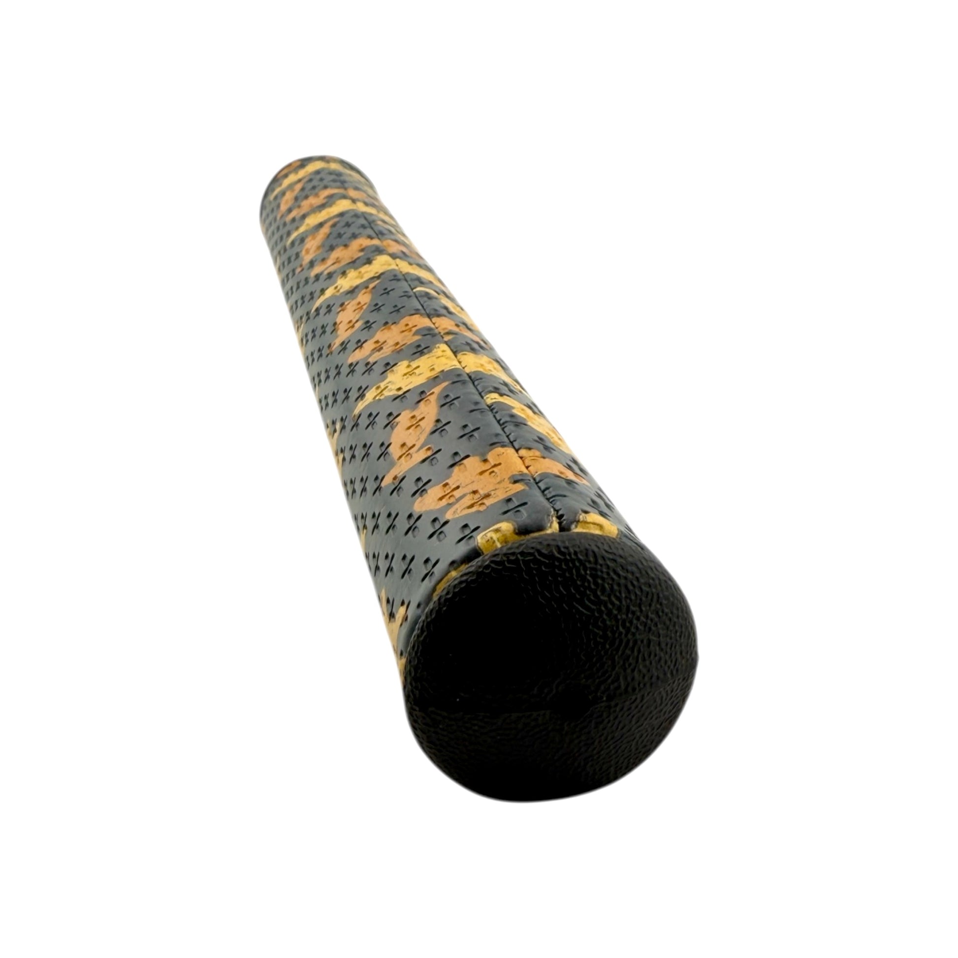 The Dino Nugget Putter Grip | 3.0 Tour features a black cylindrical design with orange and black crisscross patterns, textured for grip. Made of premium PU material, it offers stable oversize feel and comfort on the green with a unique dinosaur nugget design.