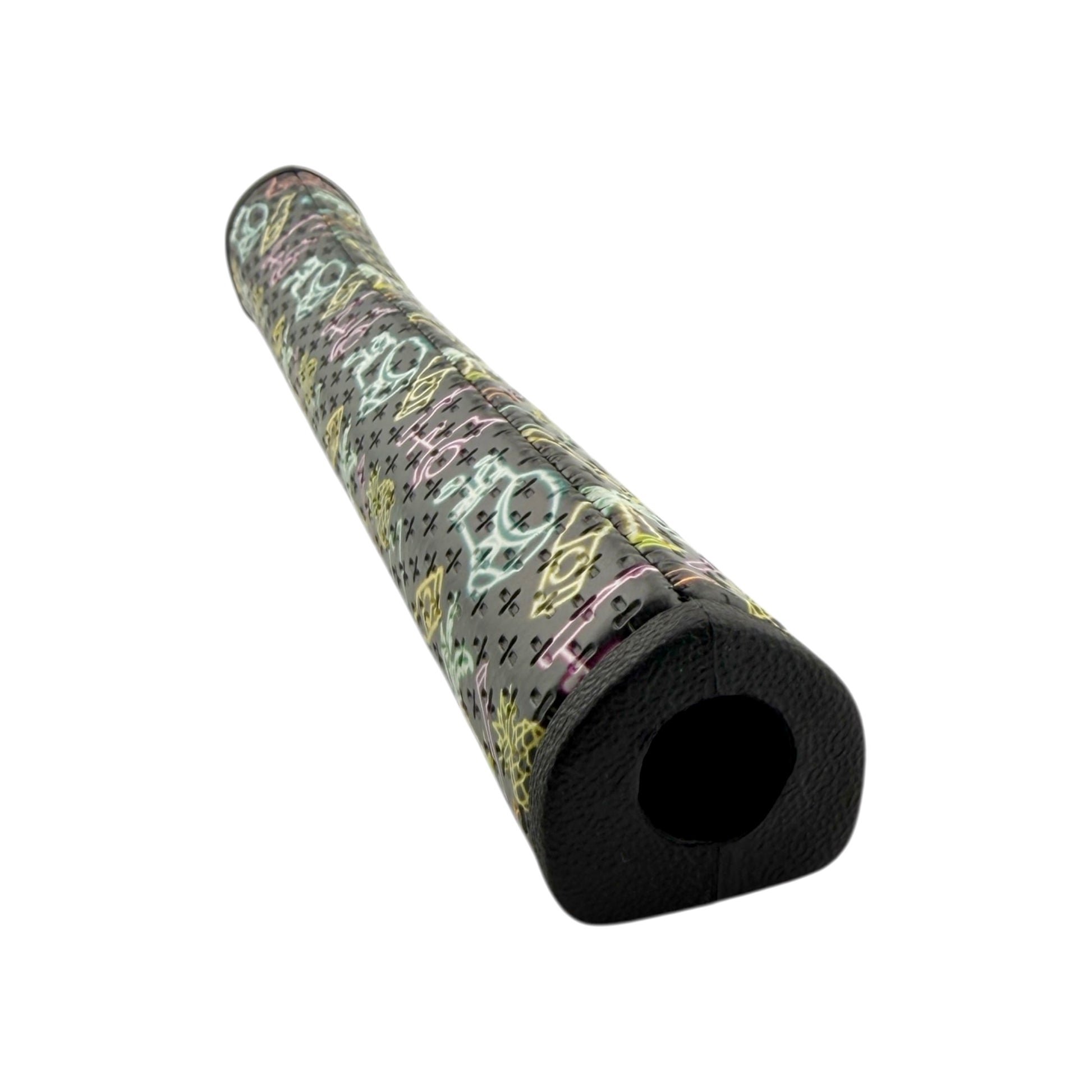 The Miami Slice Putter Grip features a neon slice design with colorful graffiti-style patterns on premium black PU material, offering a soft, tacky feel in a 2.0 pistol shape—shown on a white background.