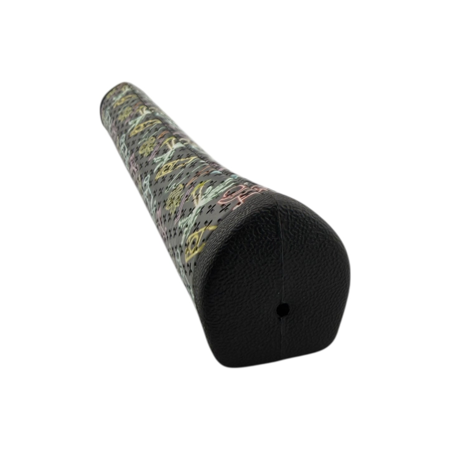 The Miami Slice Putter Grip is a black, textured, cylindrical premium PU golf grip with a rounded end and soft tacky feel, featuring a vibrant Neon Slice pattern of small symbols and letters, shown on a white background.