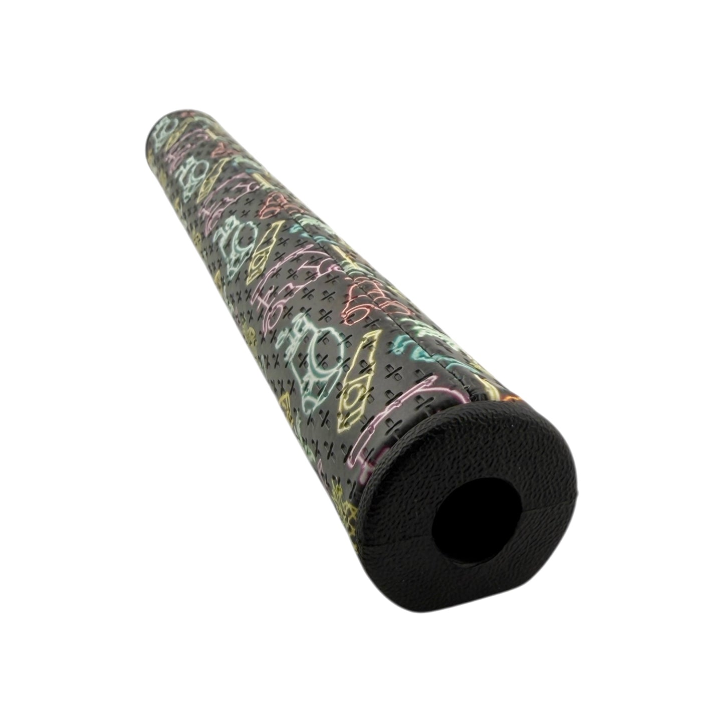 A black cylindrical foam roller with colorful graffiti-style designs and a hollow end, its bold, oversized look and neon graphics reminiscent of the Miami Slice Putter Grip 3.0 Tour—Premium PU, stable oversize feel, and Neon Slice design.