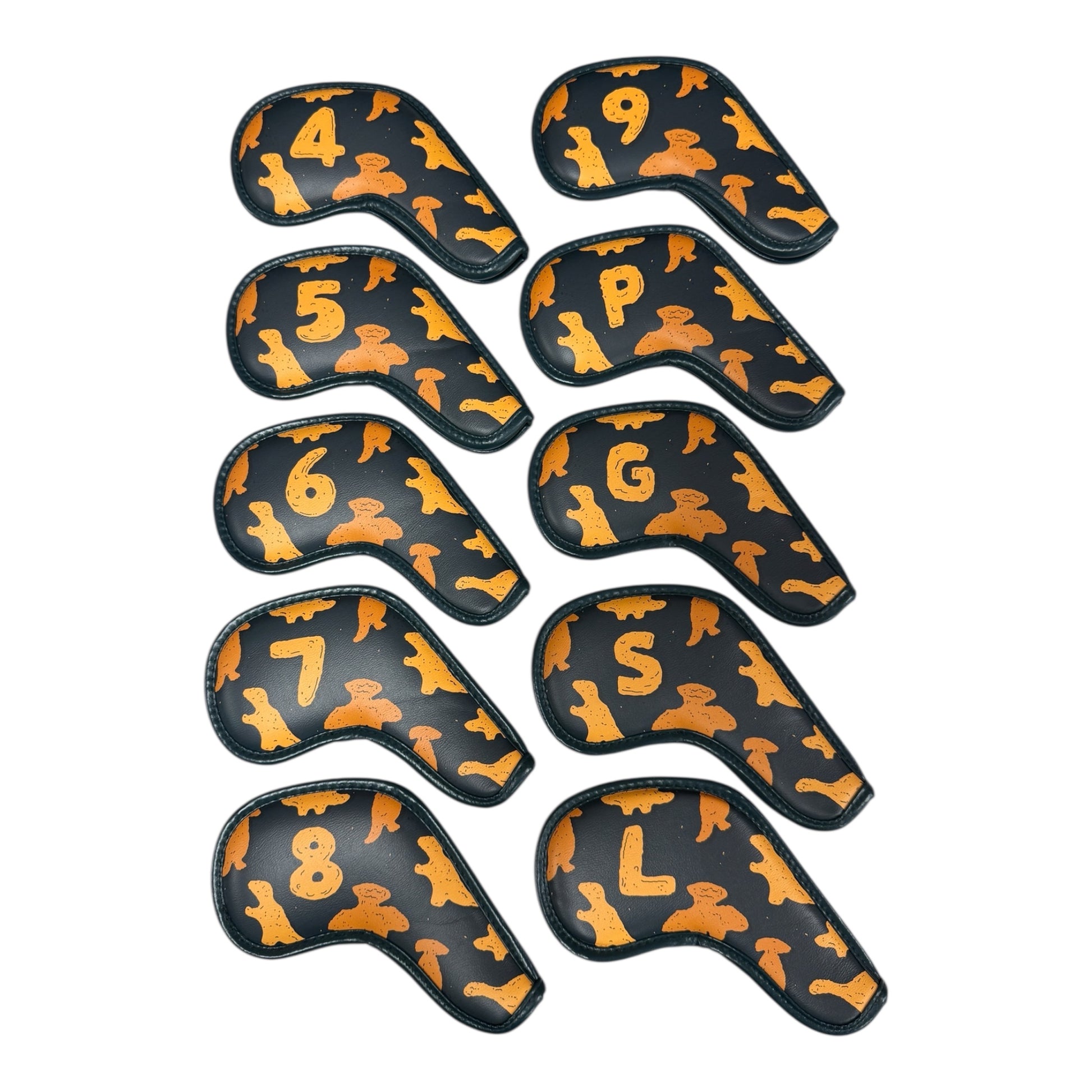 Set of 10 Dino Nugget Iron Covers (4–9, P, G, S, L) with animal silhouettes and magnetic closures—fun black and orange golf club headcovers made from premium PU leather.