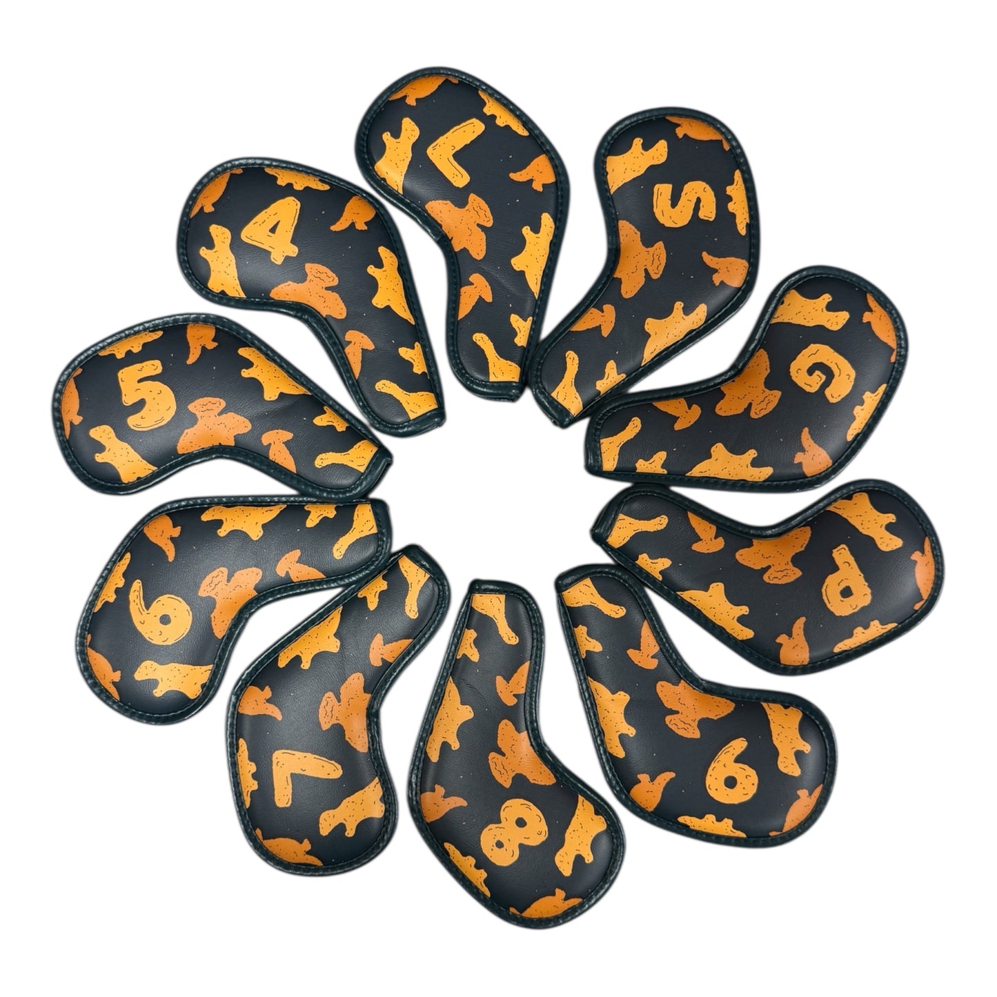 Ten Dino Nugget Iron Covers made of premium PU leather, featuring magnetic closures and fitting irons 4–9, P, G, S, and L, are arranged in a circle for a playful yet stylish look on a white background.