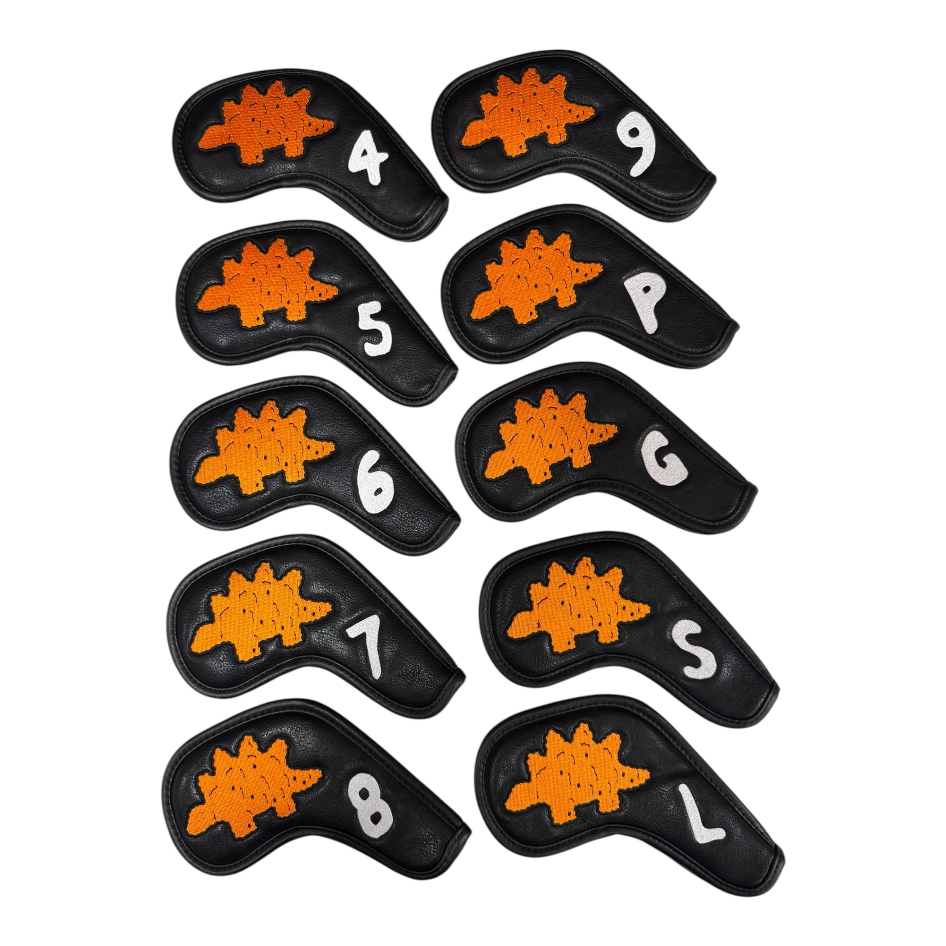 Eleven black Dino Nugget Stegosaurus Golf Iron Covers (4–9, PW, GW, SW, LW) in premium PU leather with orange dinosaur designs and magnetic closure are shown in two columns on a white background.