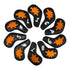 The Dino Nugget Stegosaurus Golf Iron Cover Set includes 10 black PU leather covers (4–9, PW, GW, SW, LW), each with a turtle-shaped orange patch and white markings. Magnetic closures keep your clubs protected and organized.