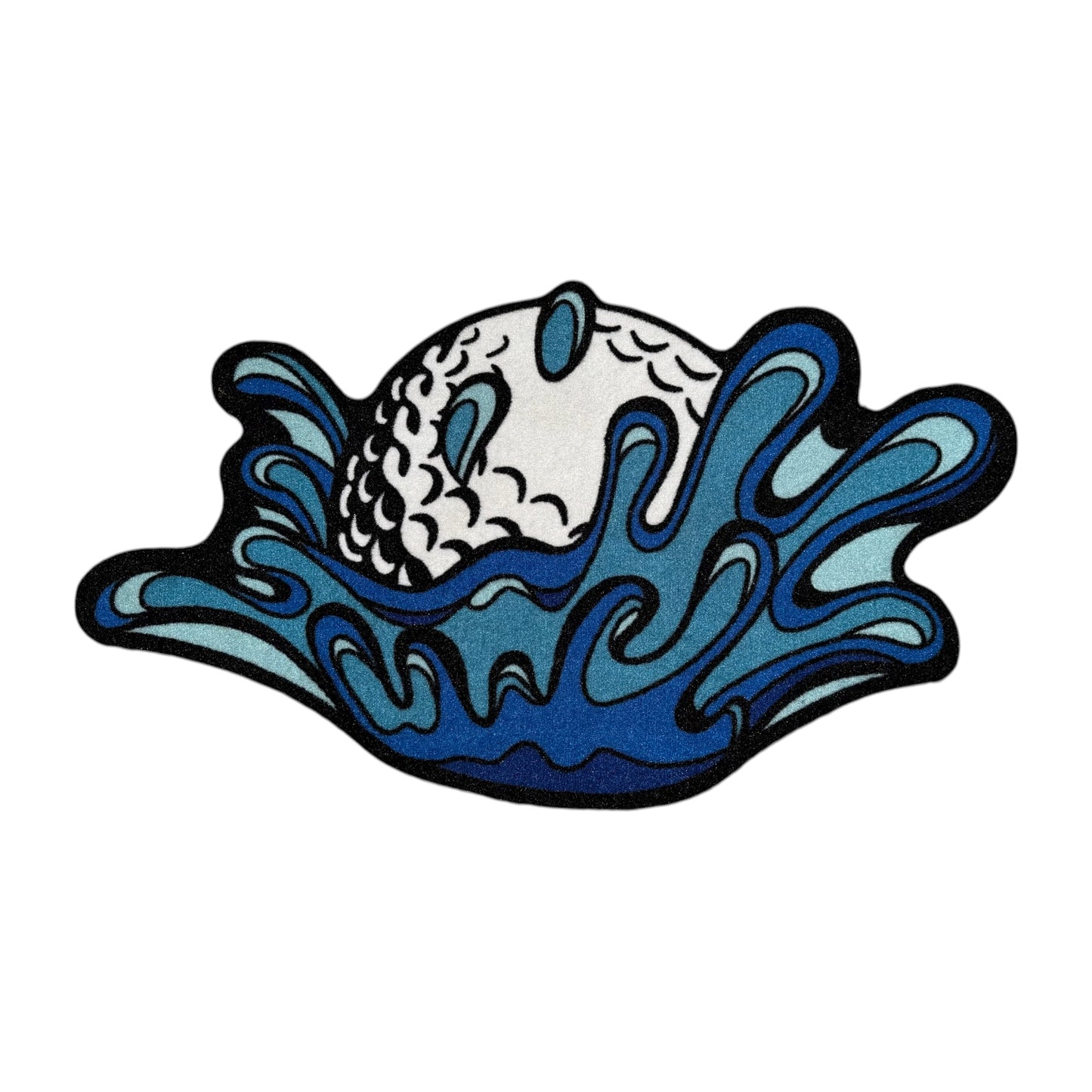 Add a sporty touch to your space with the Water Ball | Golf Shop Mat | Cart Accessory, featuring an illustration of a golf ball splashing into blue water with stylized waves on a white background.