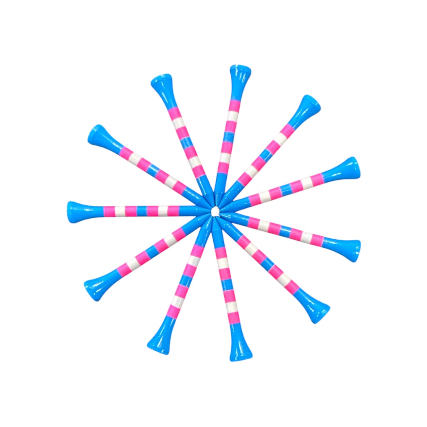 Forty-five Blue Pink Stripe Premium Wooden Golf Tees, 2 3/4” standard size, feature unique and durable painted designs—perfect for golfers seeking premium quality and style on the course.