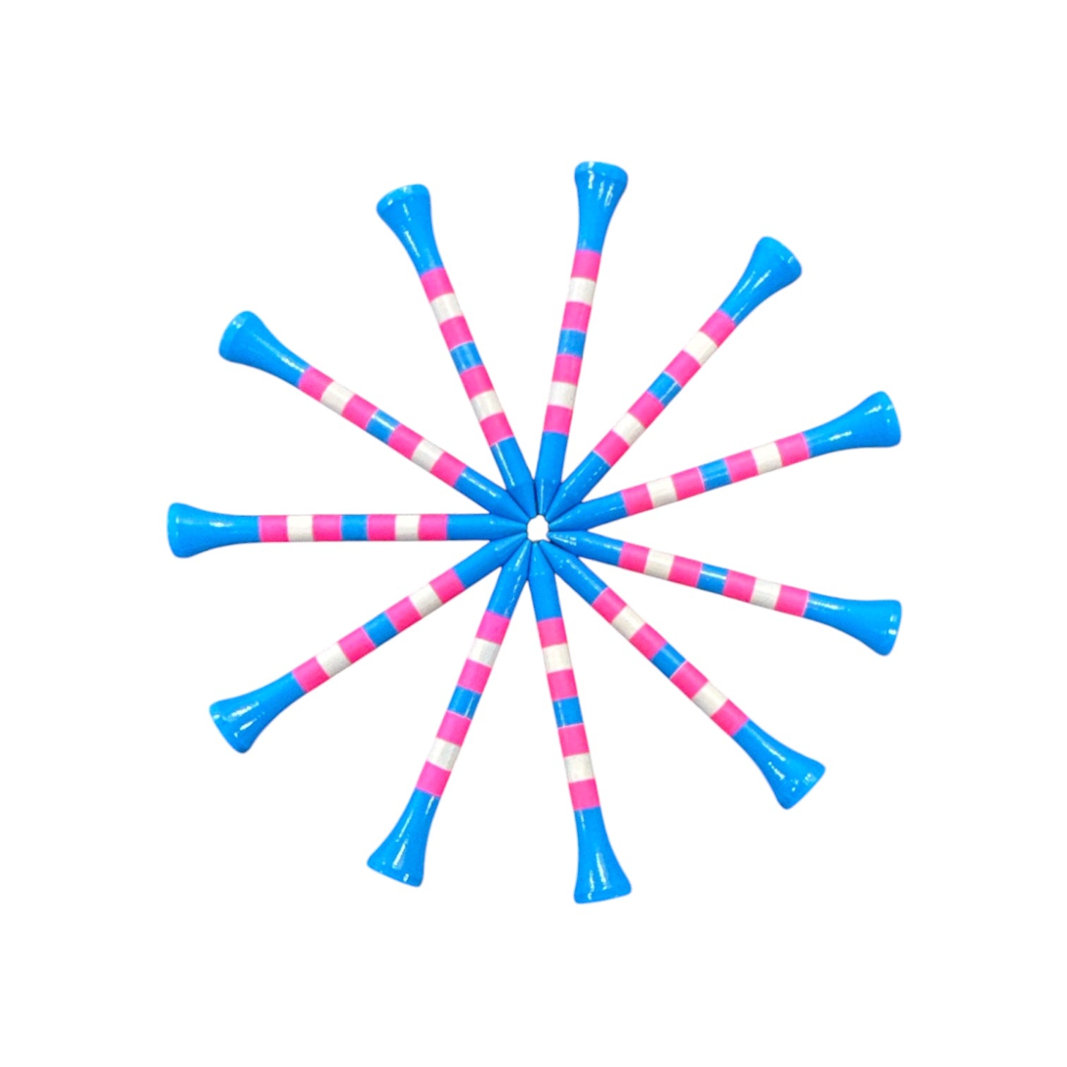 Forty-five Blue Pink Stripe Premium Wooden Golf Tees, 2 3/4” standard size, feature unique and durable painted designs—perfect for golfers seeking premium quality and style on the course.