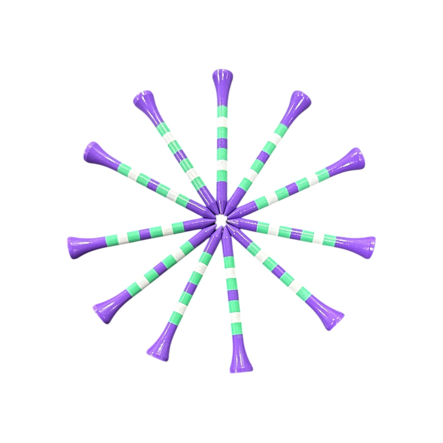 A 45-pack of Purple Mint Stripe Premium Wooden Golf Tees (2 3/4") features durable painted wood tees with unique designs, shown in a starburst pattern on a white background.