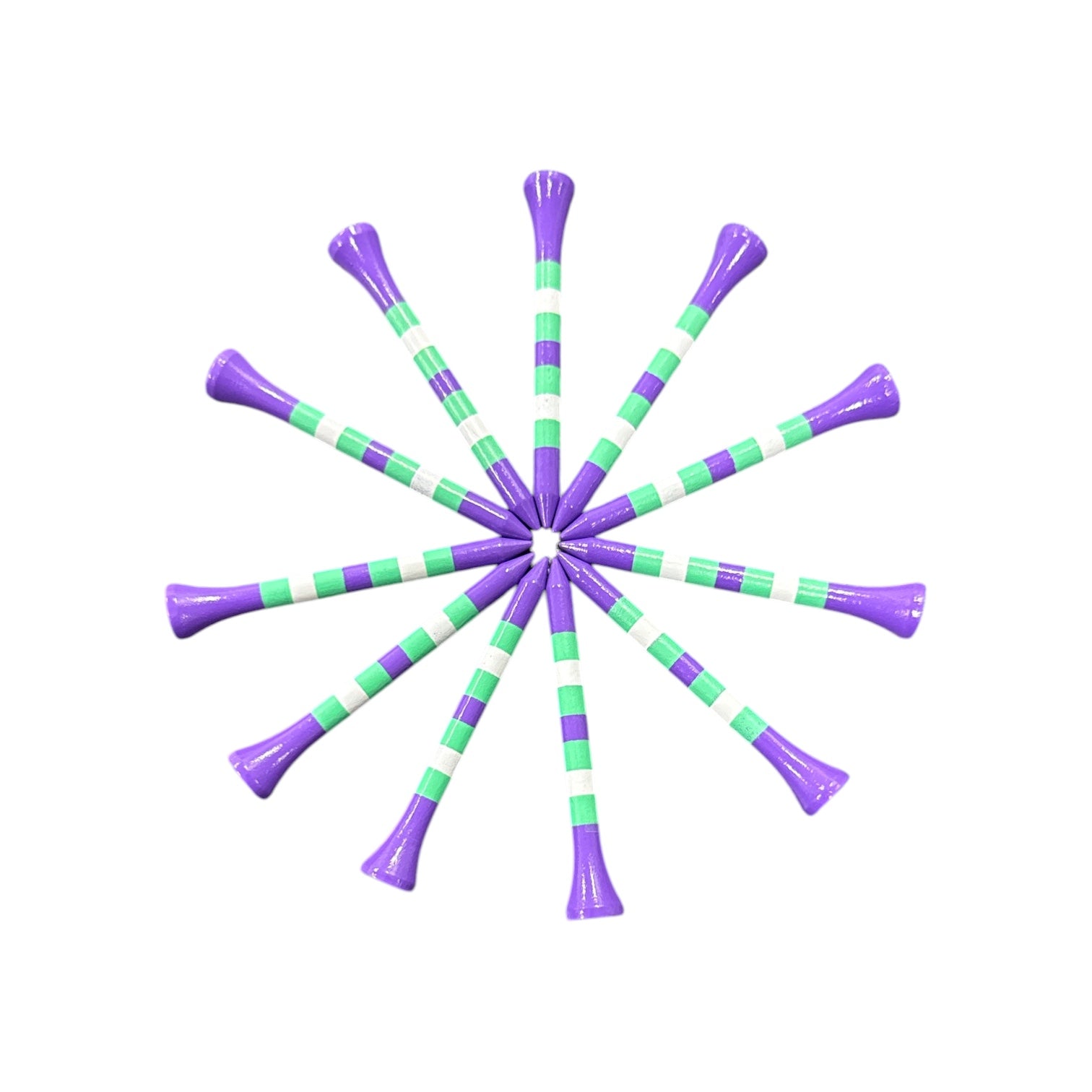 A 45-pack of Purple Mint Stripe Premium Wooden Golf Tees (2 3/4") features durable painted wood tees with unique designs, shown in a starburst pattern on a white background.