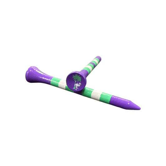 The Purple Mint Stripe Premium Wooden Golf Tees (2 3/4”, pack of 45) feature durable painted wood, unique purple, white, and green stripes, and a palm tree logo—perfect for golfers seeking stylish and sturdy tees.