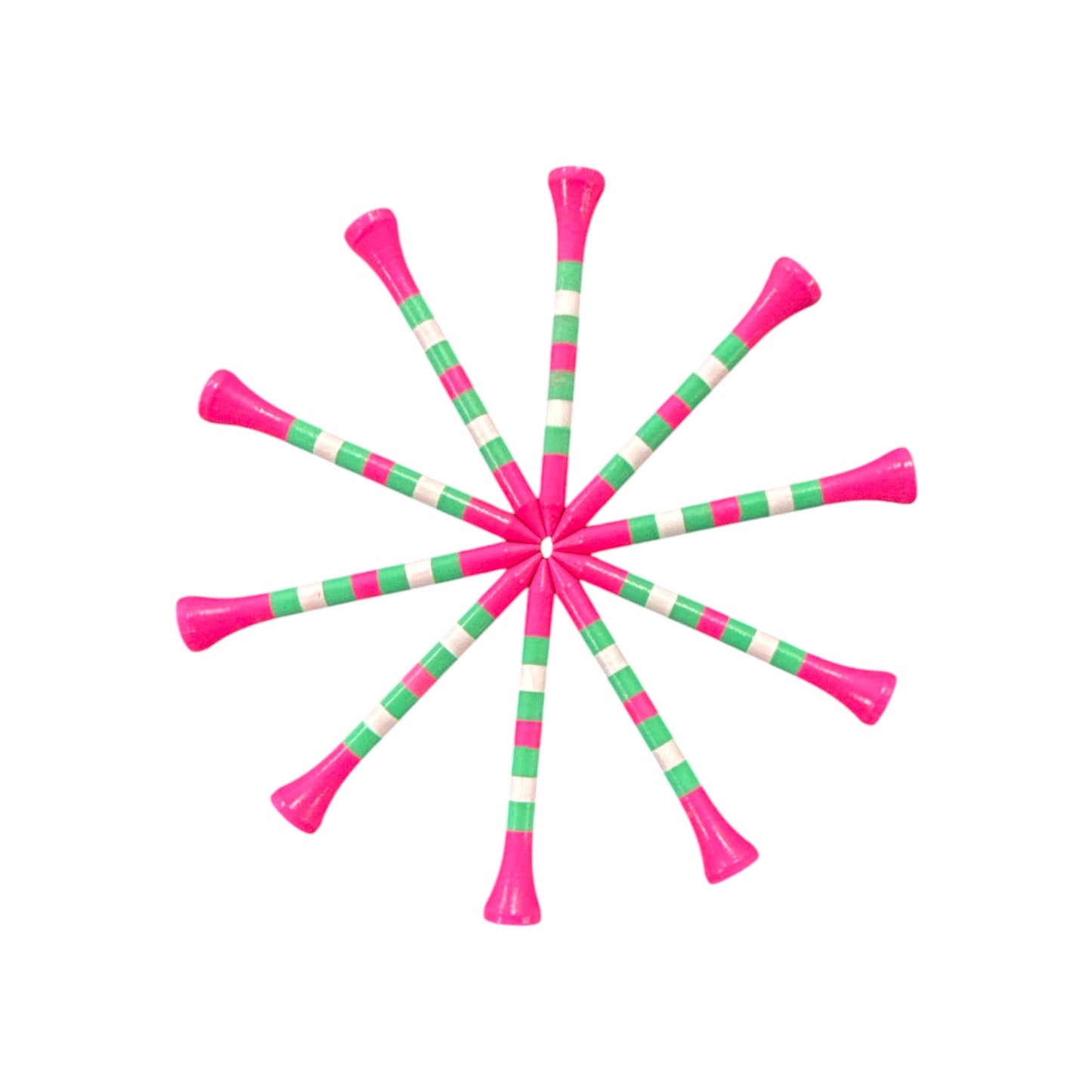 Nine Pink Green Stripe Premium Wooden Golf Tees (2 3/4” size) from the 45 Pack Set are arranged in a circle on a white background, with their heads outward like wheel spokes. Durable painted wood with unique designs.