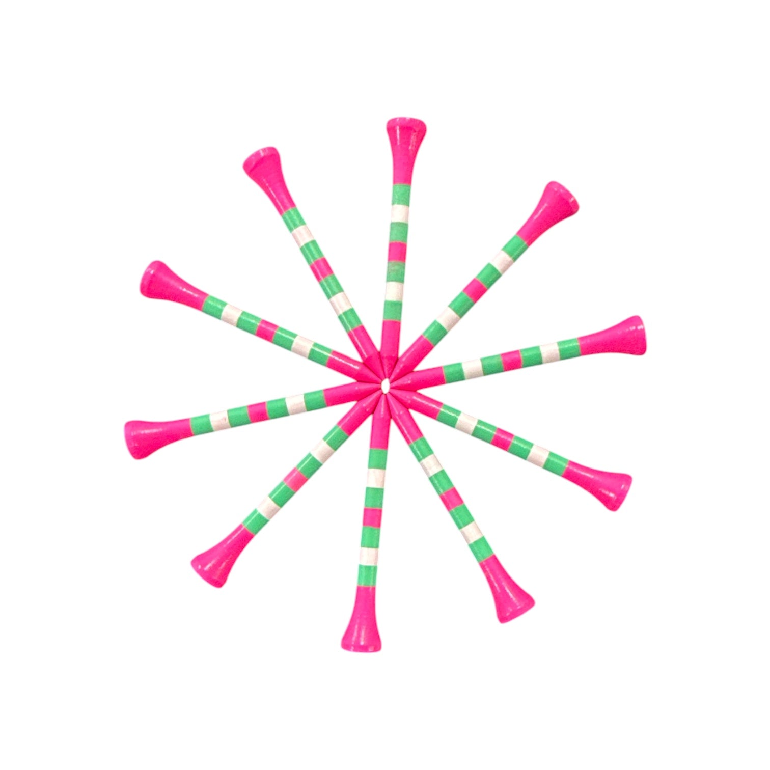 Nine Pink Green Stripe Premium Wooden Golf Tees (2 3/4” size) from the 45 Pack Set are arranged in a circle on a white background, with their heads outward like wheel spokes. Durable painted wood with unique designs.