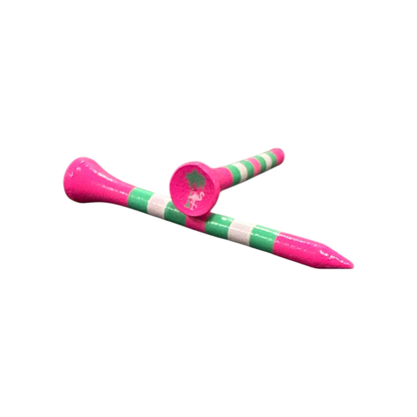 The Pink Green Stripe Premium Wooden Golf Tees (2 3/4", 45 pack) feature durable painted wood with unique striped designs—ideal for those seeking standout golf accessories.