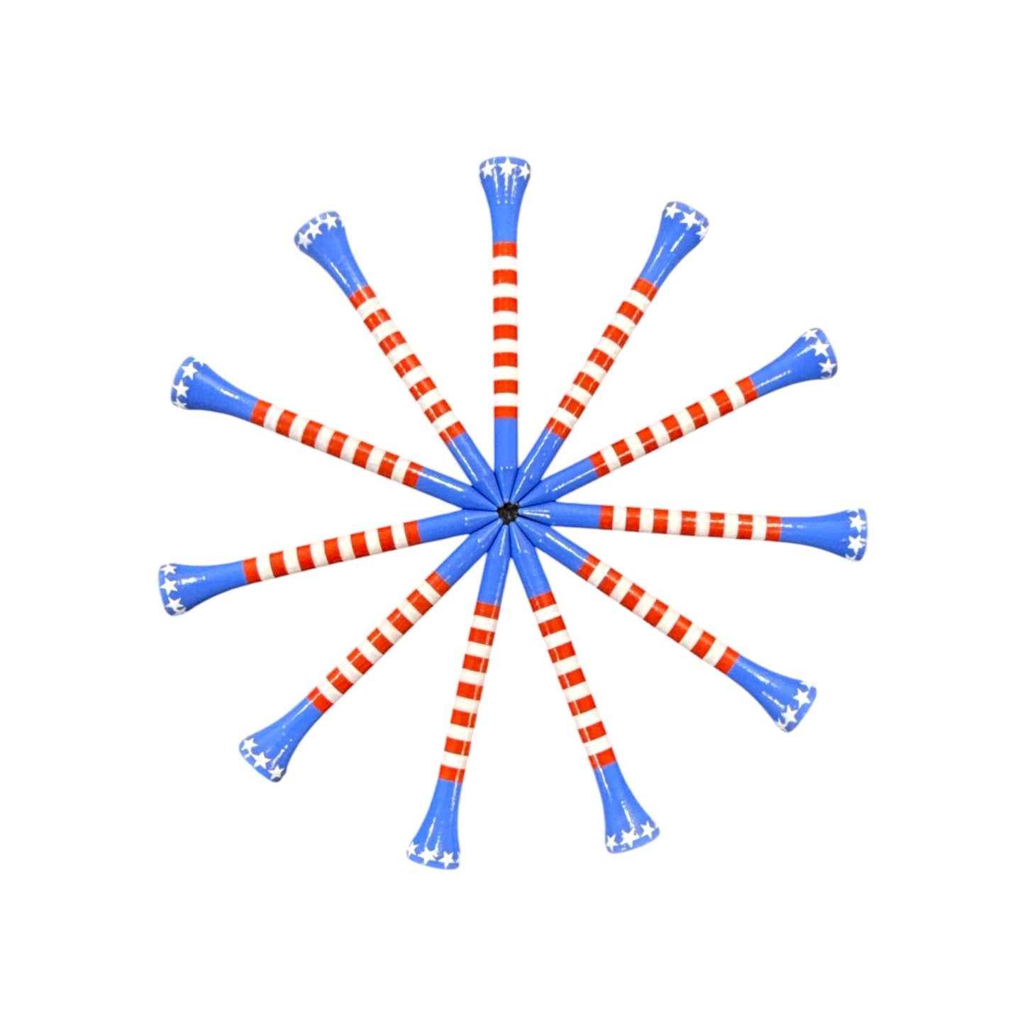 A 45-pack set of USA Stripe Premium Wooden Golf Tees (2 3/4” standard size) features durable painted wood with unique designs, including blue tops with white stars and red-and-white striped stems, displayed in a starburst on a white background.