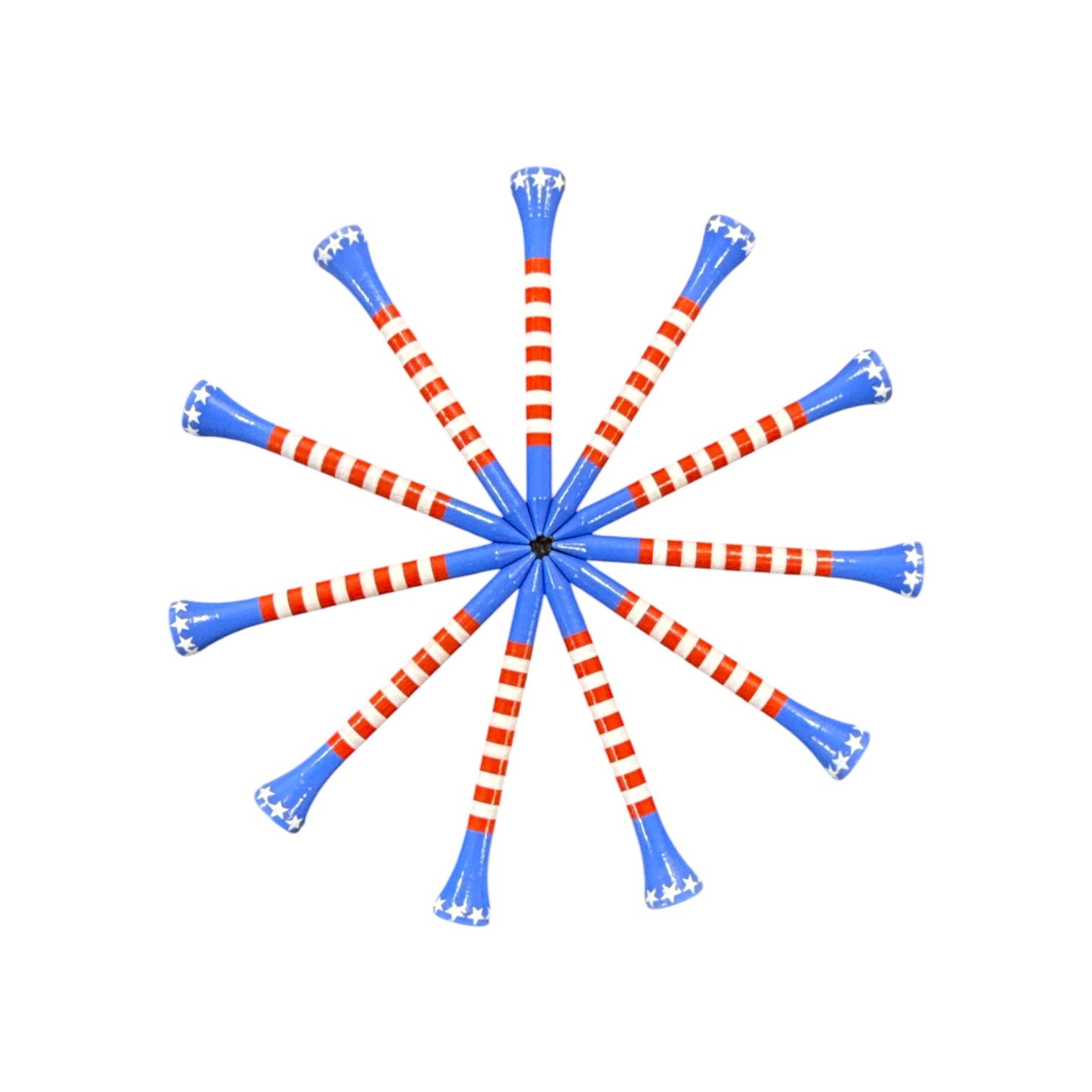 A 45-pack set of USA Stripe Premium Wooden Golf Tees (2 3/4” standard size) features durable painted wood with unique designs, including blue tops with white stars and red-and-white striped stems, displayed in a starburst on a white background.
