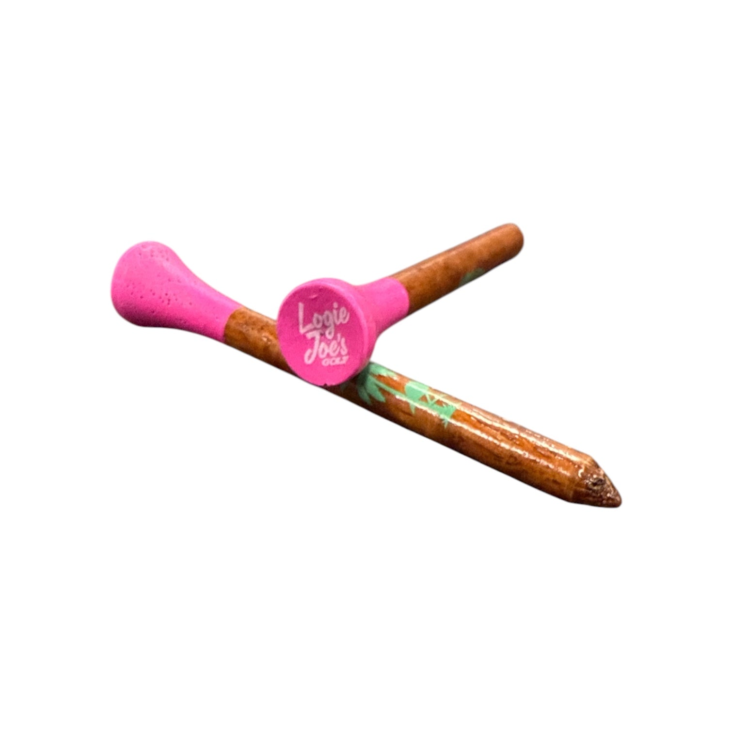 Two Tropical Pink Premium Wooden Golf Tees (2 3/4”) are shown: one with a pink tip and Louie & Joes label, the other featuring a green patterned design. Both unique, durable wooden tees are displayed on a white background.
