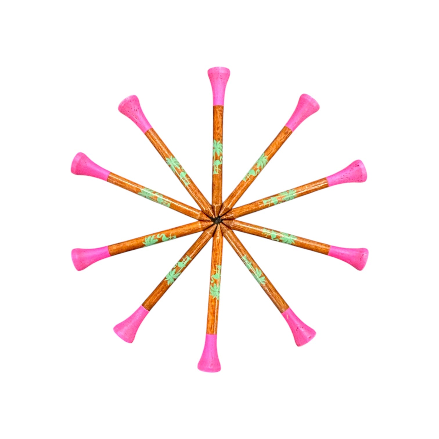 Eight Tropical Pink Premium Wooden Golf Tees, each 2 3/4", are arranged in a starburst on a white background. The tees feature unique green decorative designs near the pink tops from the 45 pack set.