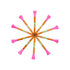 Eight Tropical Pink Premium Wooden Golf Tees, each 2 3/4", are arranged in a starburst on a white background. The tees feature unique green decorative designs near the pink tops from the 45 pack set.