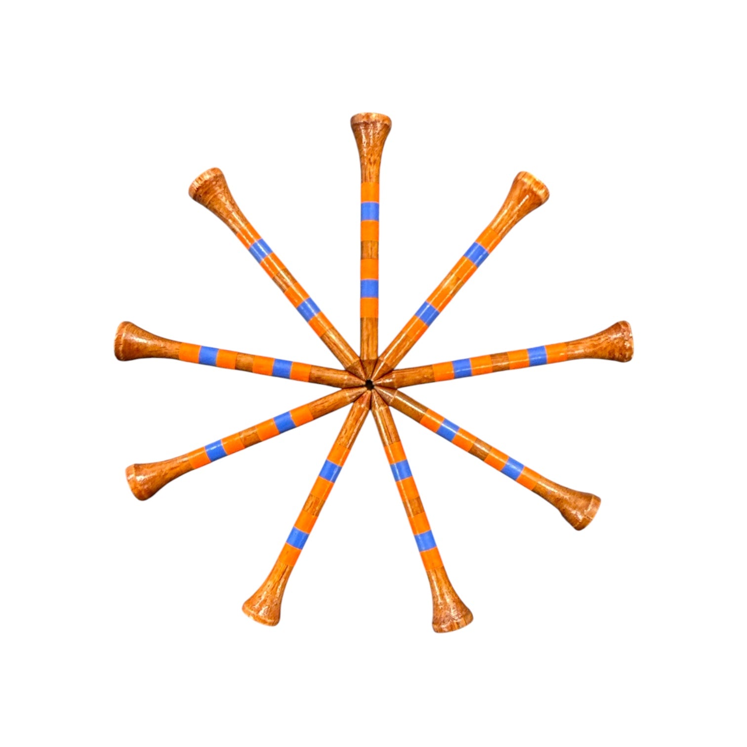 A set of 45 Orange Blue Stripe Premium Wooden Golf Tees (2 3/4” standard size) is arranged in a starburst on a white background, showcasing their unique designs and durable painted wood construction.