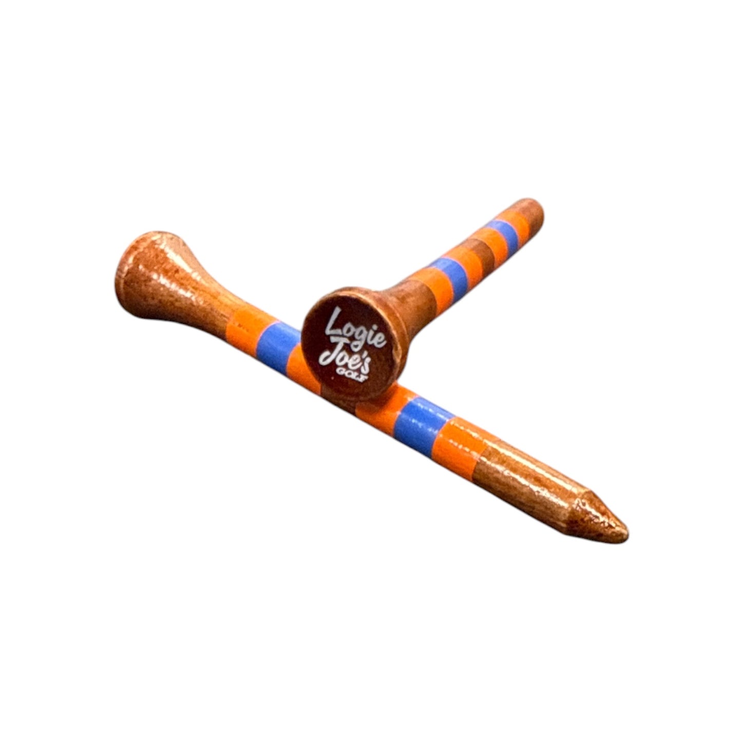 Two 2 3/4” premium wooden golf tees with orange and blue stripes, part of Logie Joe’s Orange Blue Stripe 45-pack set, are crossed on a white background, highlighting their unique design and durable painted finish.