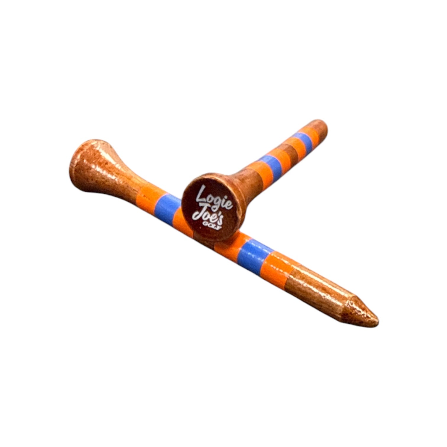 Two 2 3/4” premium wooden golf tees with orange and blue stripes, part of Logie Joe’s Orange Blue Stripe 45-pack set, are crossed on a white background, highlighting their unique design and durable painted finish.