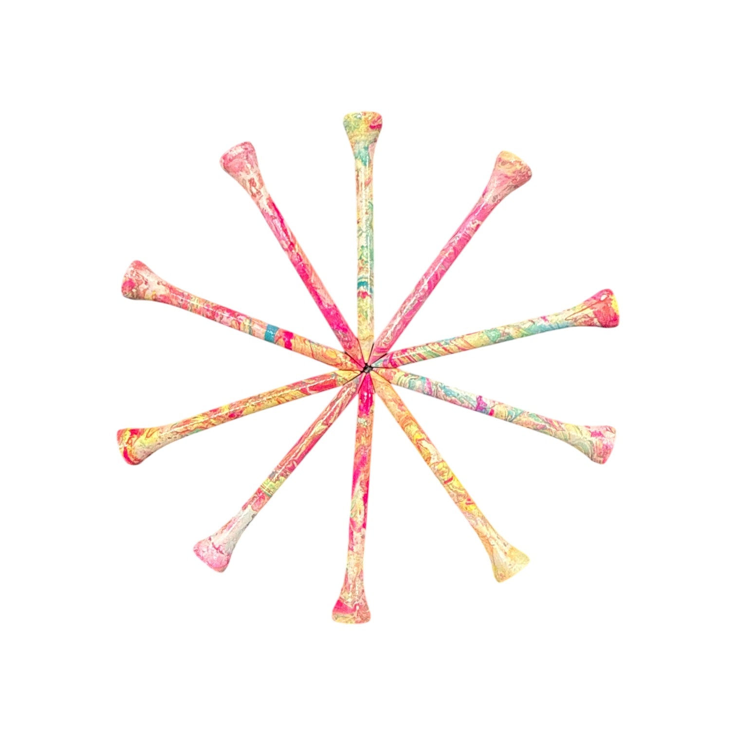 Eight Multi Color Marble Premium Wooden Golf Tees (2 3/4” standard size) from the 45 Pack Set are arranged in a starburst on a white background, highlighting their unique and vibrant marble designs.