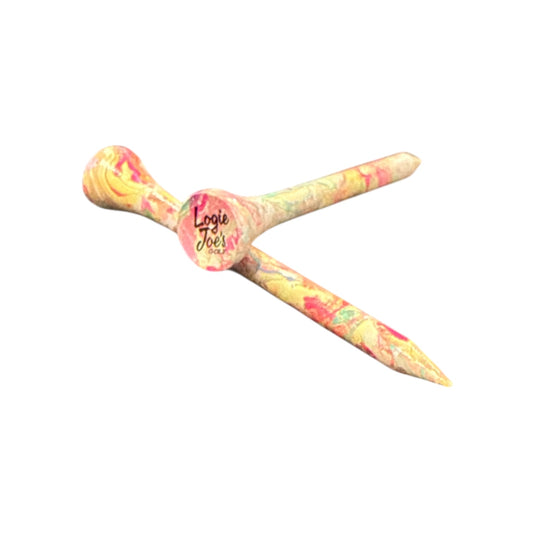 Two colorful 2 3/4” Multi Color Marble Premium Wooden Golf Tees with red, yellow, and green swirls; one tee displays 