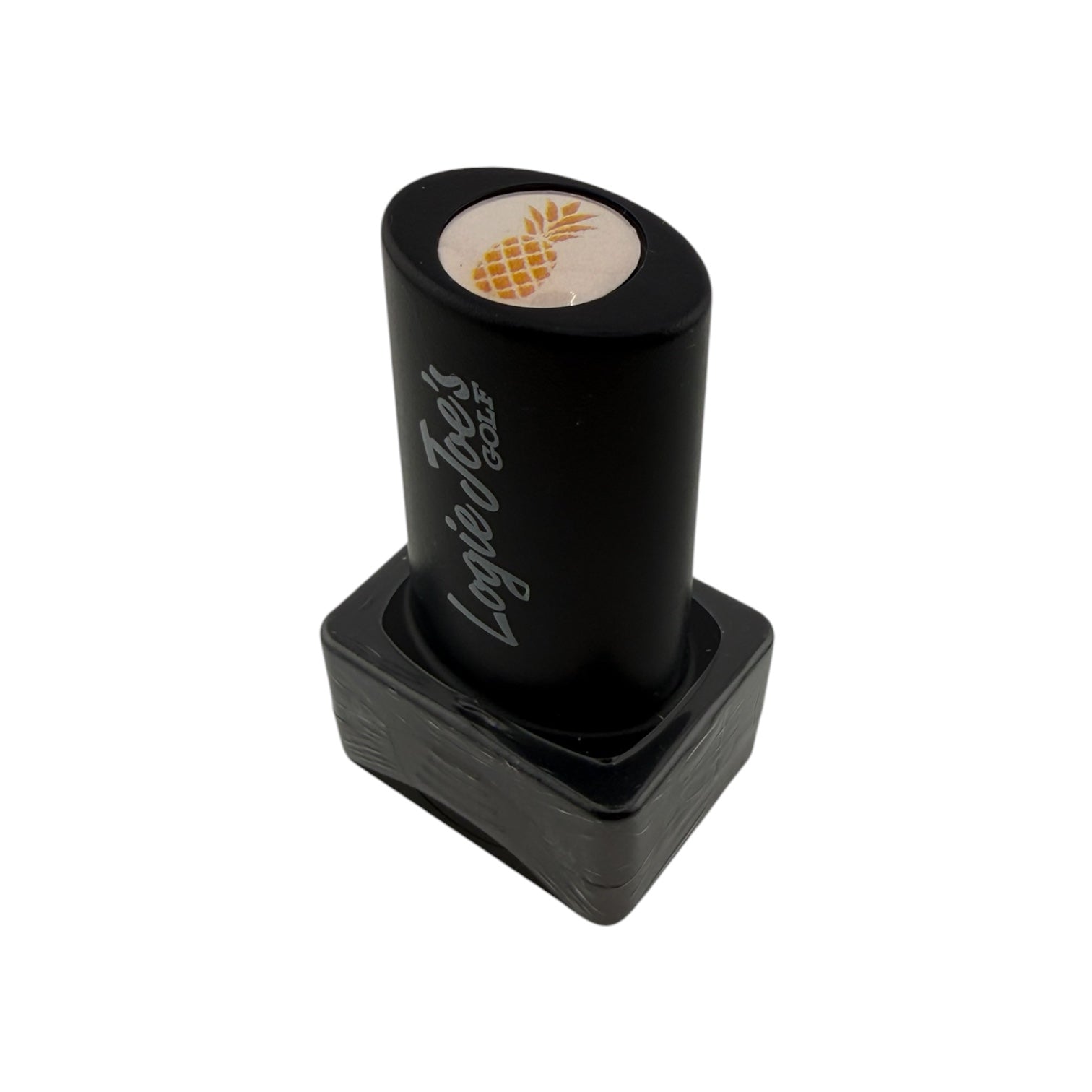 The Pineapple Golf Ball Stamp features quick-dry ink for easy ball identification and has a yellow pineapple design—an ideal, fun golf gift. "Louie Joe’s Golf" is written on the black stamper, shown against a white background.