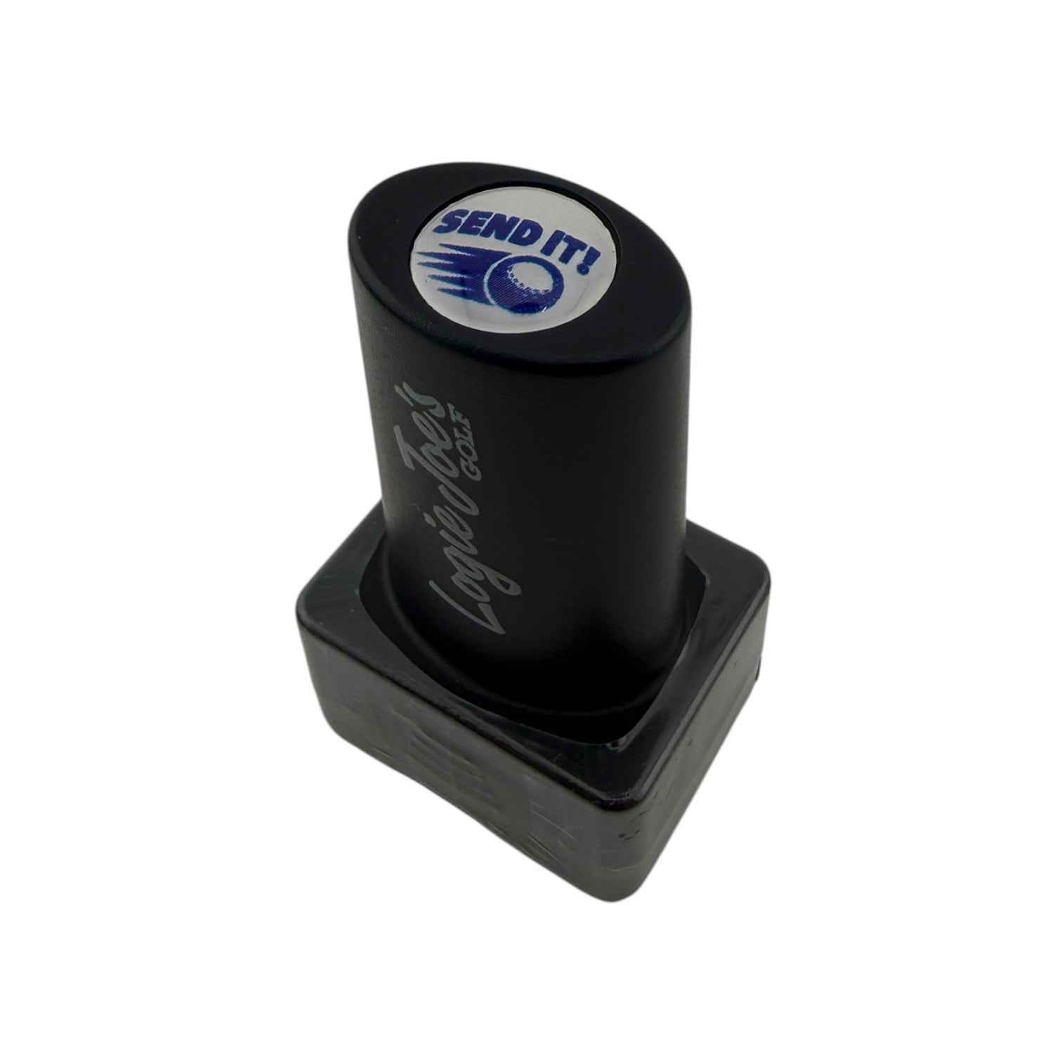 The Send It Golf Ball Stamp features "SEND IT!" with a flying ball graphic on top and Longer Tess Golf on the side. This quick-dry ink stamper makes ball ID easy—a fun, personalized golf gift—shown here on a plain white background.
