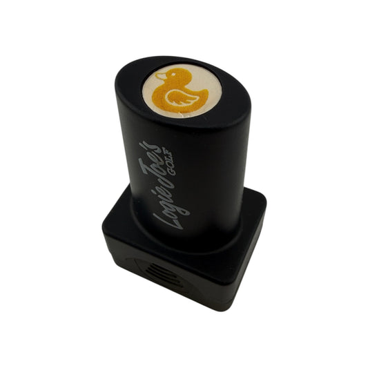 A black cap with “Loyal Tees GOLF” on the side, topped with a yellow rubber duck and space to attach personalized golf accessories like the Rubber Duck Golf Ball Stamp for quick-dry, easy ball ID.
