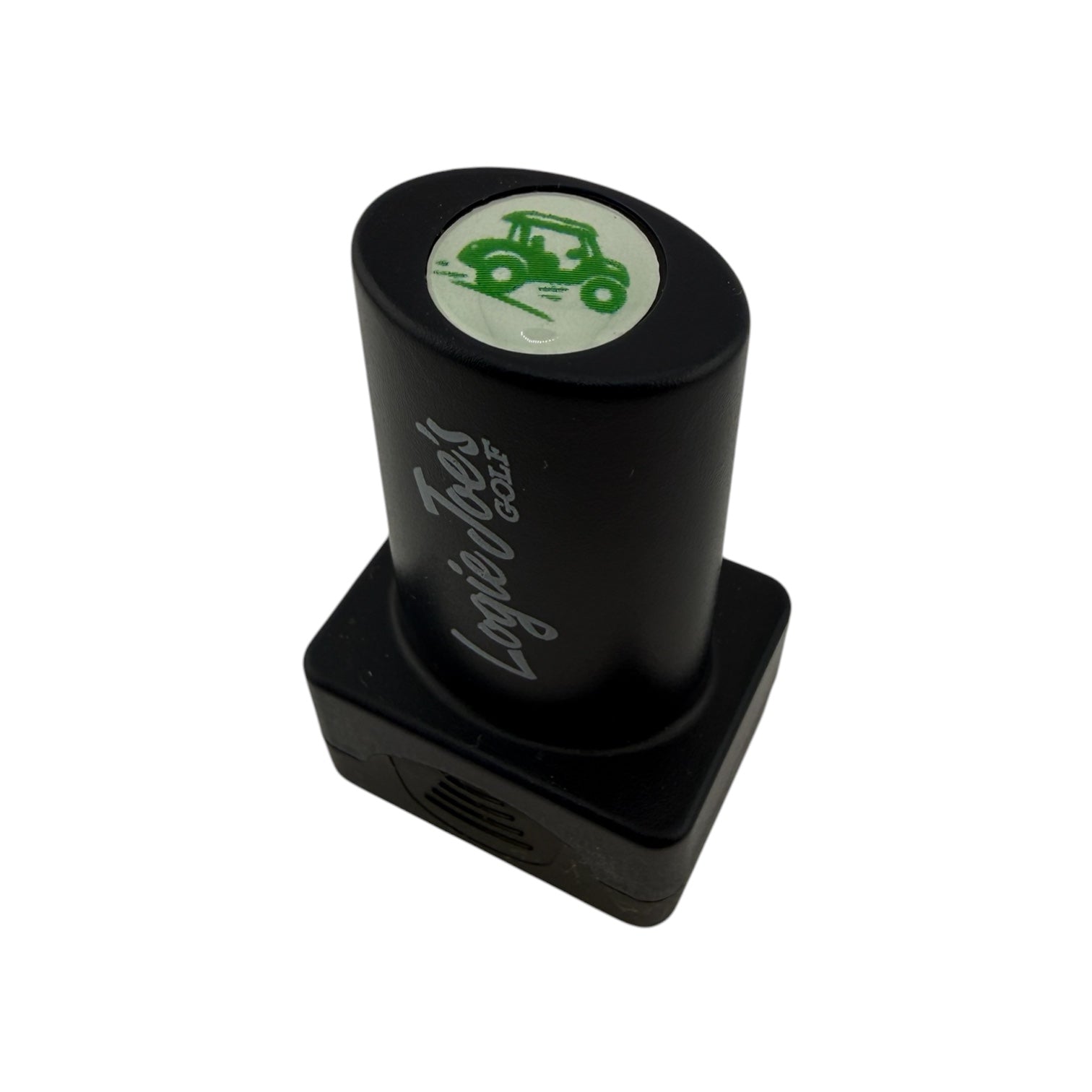 A black Golf Cart Golf Ball Stamp featuring "Louie Tees Golf" on the side and a green tractor graphic on top—quick-dry ink stamper for easy ball ID, making it a fun, unique golf gift for any enthusiast.