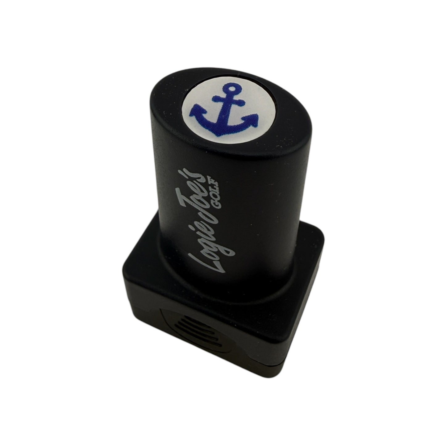 The Anchor Stamp is a black golf accessory with "Lager Tuss GOLF" and a white top featuring a blue anchor symbol. This quick-dry ink stamper offers easy ball identification and makes a fun, stylish, and personalized golf gift.