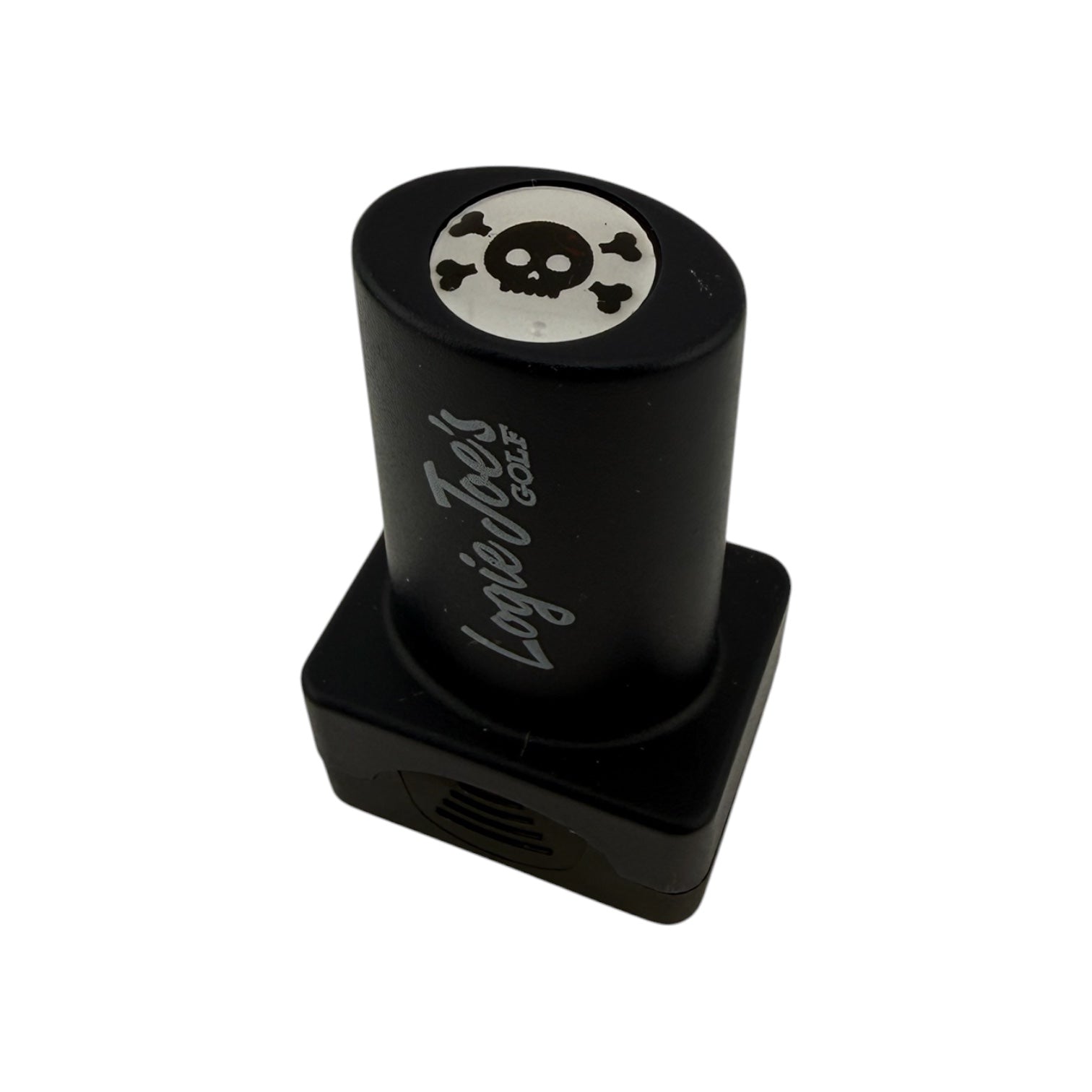 A Skull & Bones Stamp featuring quick-dry ink and an easy ball identification design with a black skull and crossbones on top, perfect as a fun personalized golf gift. The product is shown against a plain white background.
