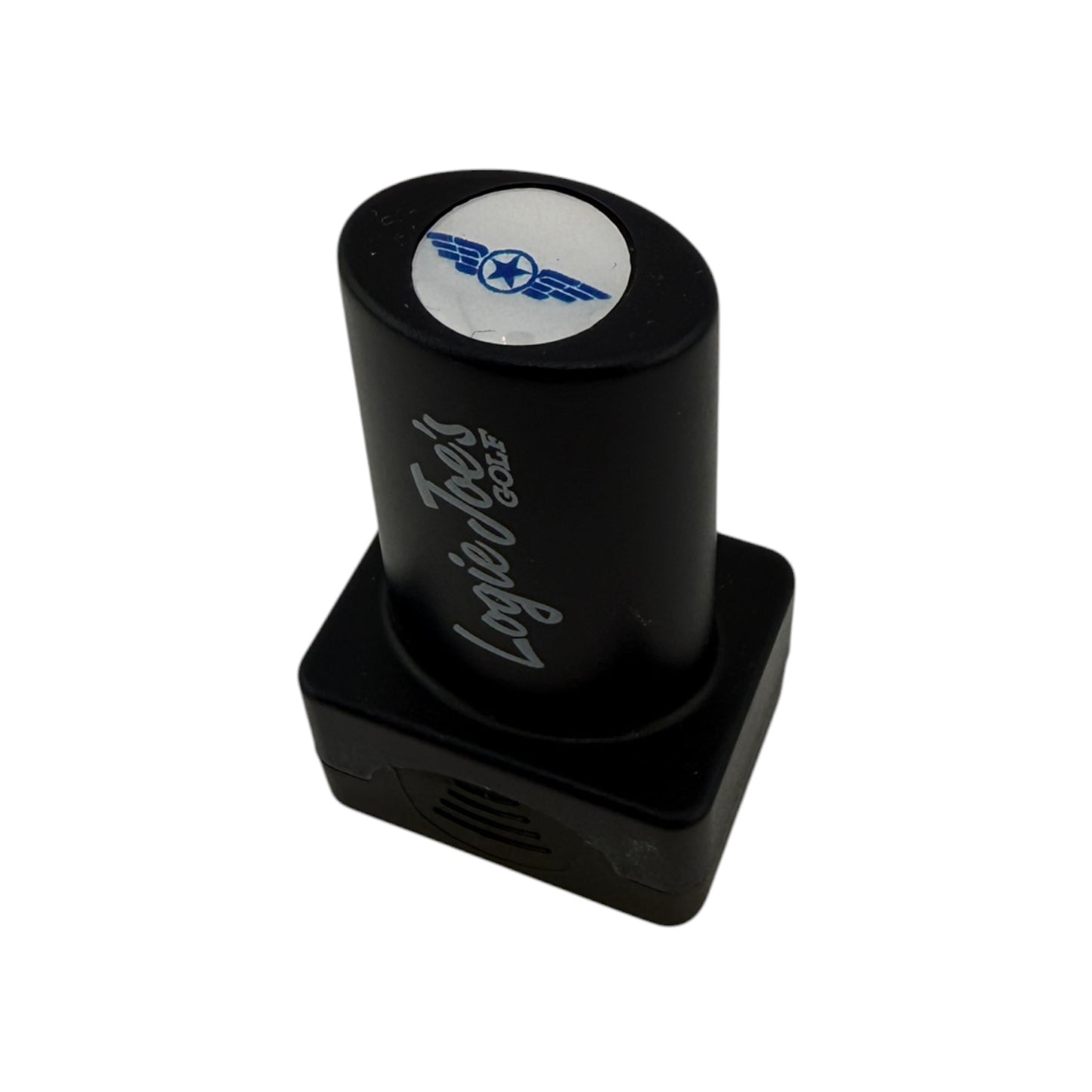 The Wings Stamp, a black golf club grip tool with a circular cap featuring a blue star and wings emblem, doubles as a quick-dry ink stamper for easy ball identification—a fun golf gift for personalized accessories lovers. Shown on white background.