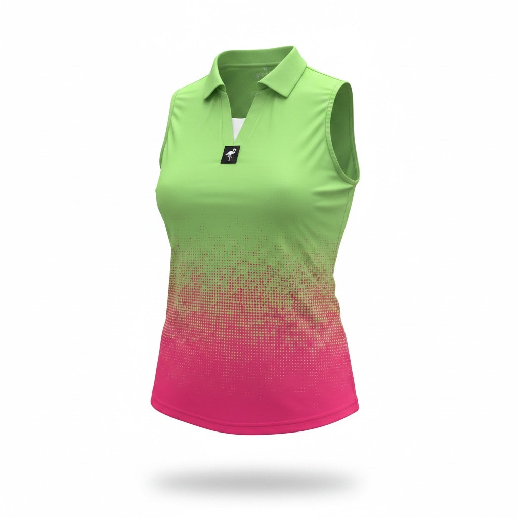 The Women's Watermelon Sunset Golf Polo is a moisture-wicking, sleeveless performance stretch golf shirt with a collar, featuring a light green to pink gradient and dotted patterns, shown on a plain white background.