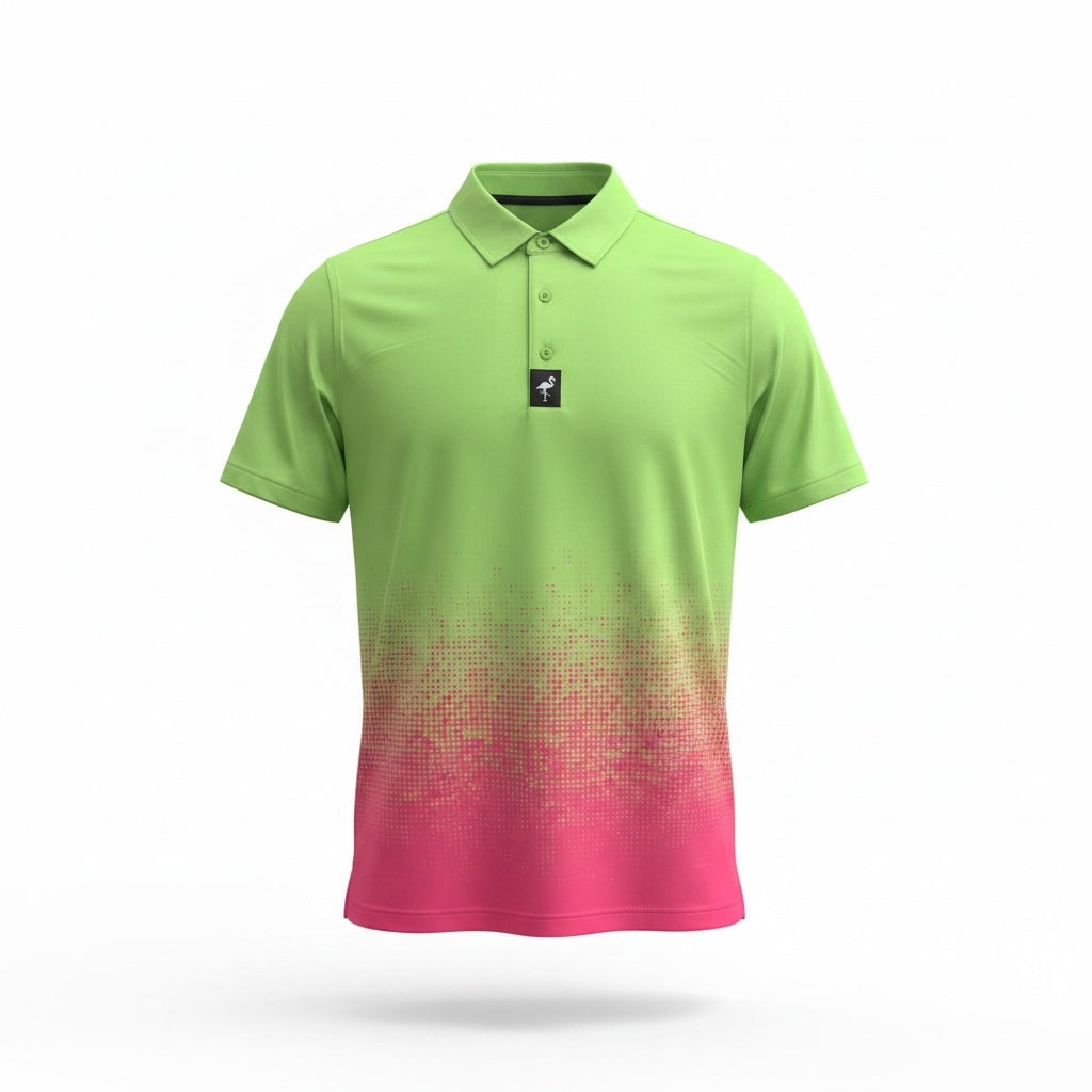 The Men's Watermelon Sunset Golf Polo is a moisture-wicking, performance stretch polo with short sleeves, a collar, buttons, and a stylish green-to-pink pixel gradient—making it a functional and eye-catching athletic golf shirt.