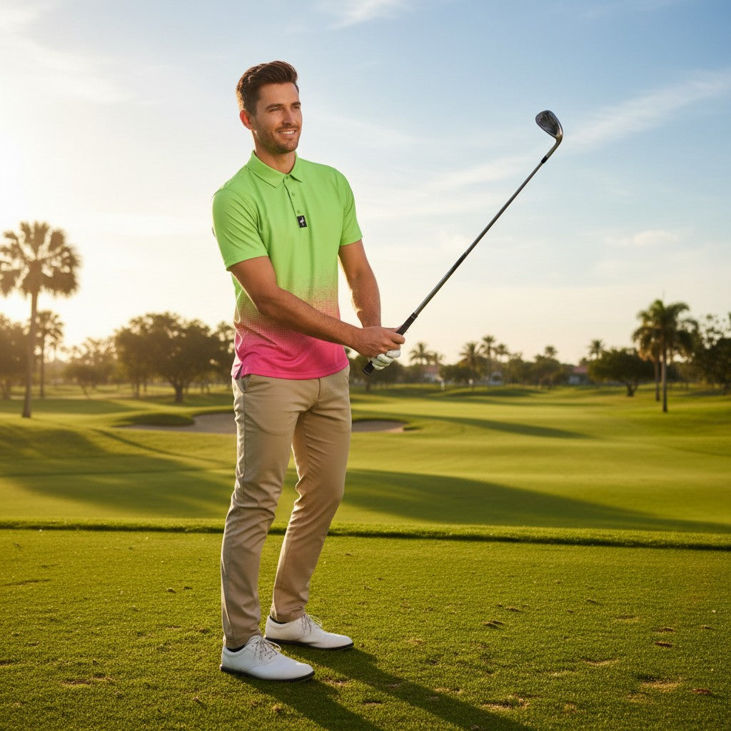 A smiling man in the Men's Watermelon Sunset Golf Polo, a moisture-wicking performance stretch golf shirt, holds a club on a sunny course lined with palm trees and sand traps.
