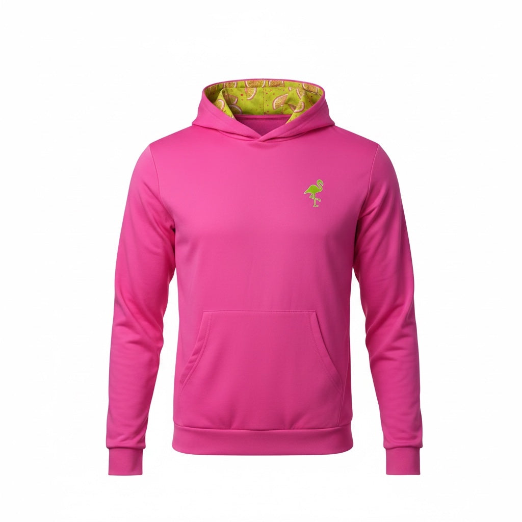 The Main Squeeze Performance Hoodie is a bright pink unisex golf hoodie with a green flamingo chest logo, a yellow-green hood lining with playful flamingos, a front pocket, and lightweight moisture-wicking comfort for active days.