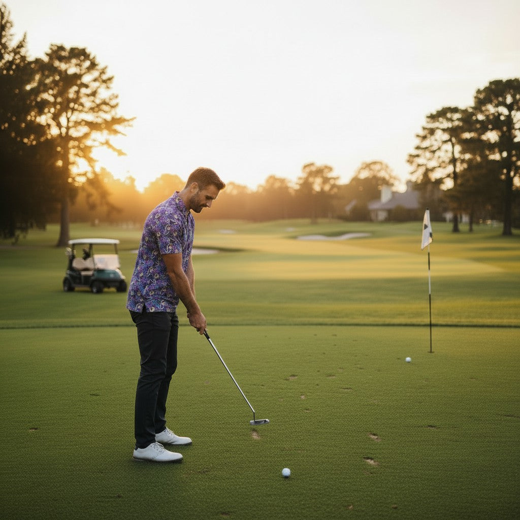At sunset, a man wearing the Men's Purple Haze Golf Polo | Moisture-Wicking Performance Stretch Golf Shirt prepares to putt on a lush green, while a golf cart rests among the trees in the background.