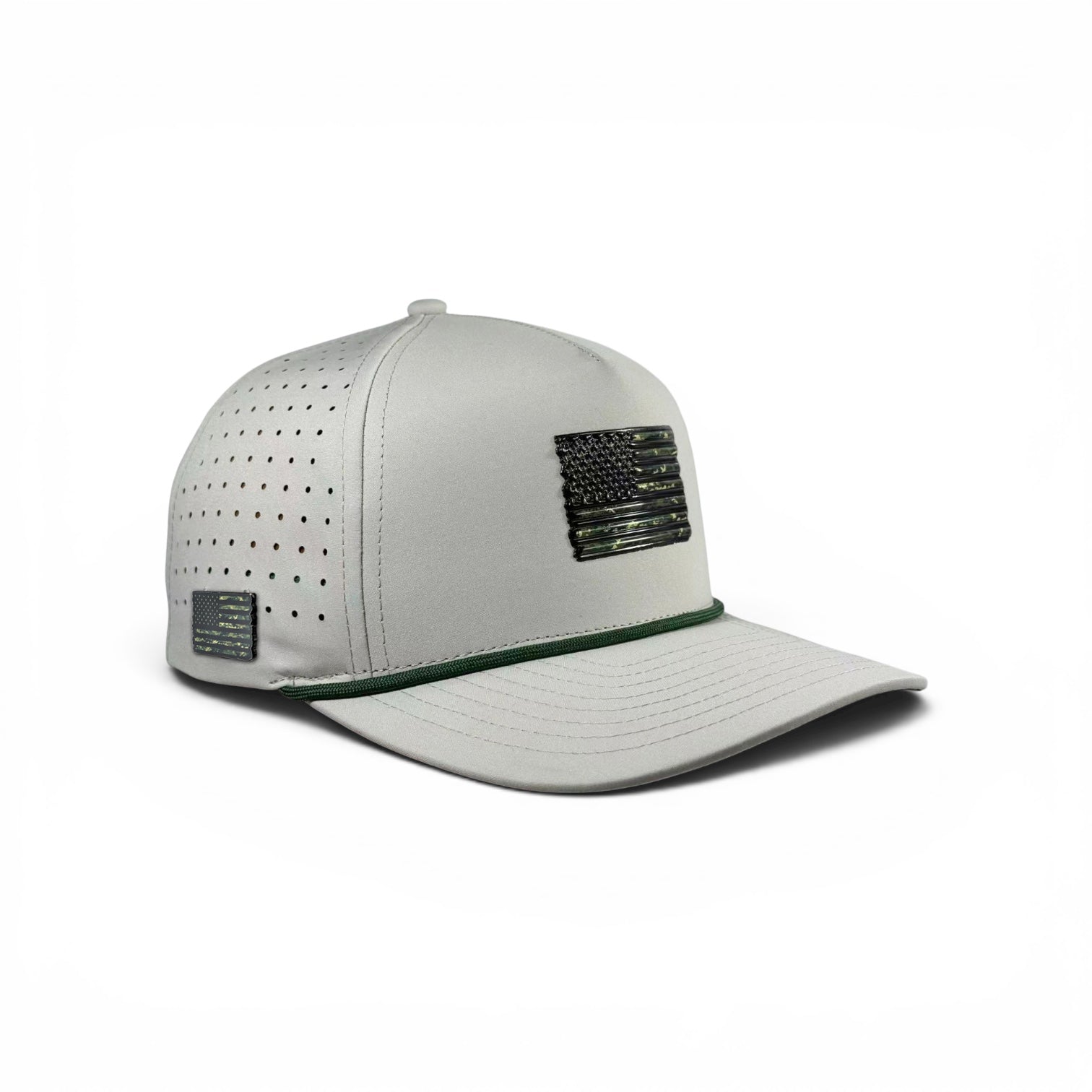 The Tactical Golf Hat is a light gray, adjustable snapback cap with ventilated side panels, an American flag patch, green accent above the brim, side patch, and a built-in magnetic ball marker holder plus included marker in American camo style.