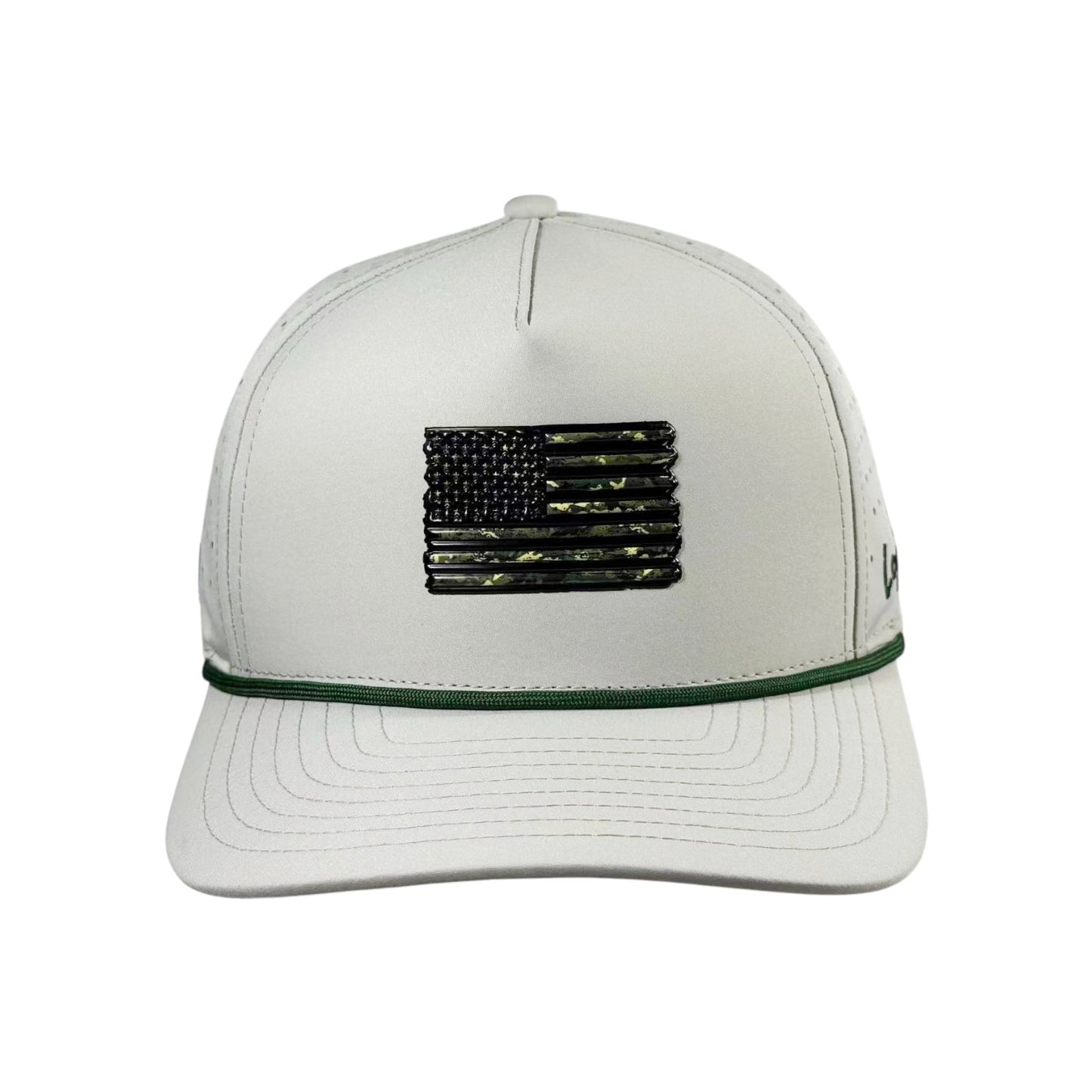 The Tactical Golf Hat is an adjustable American camo snapback cap with a built-in magnetic ball marker holder and included marker, plus a black and green flag patch on the front and green trim on the brim’s edge.