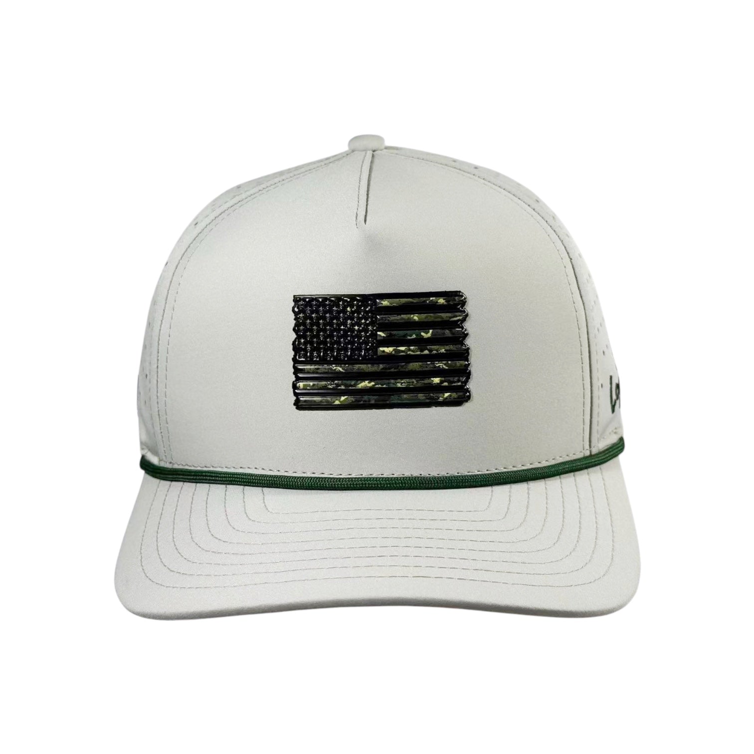 The Tactical Golf Hat is an adjustable American camo snapback cap with a built-in magnetic ball marker holder and included marker, plus a black and green flag patch on the front and green trim on the brim’s edge.
