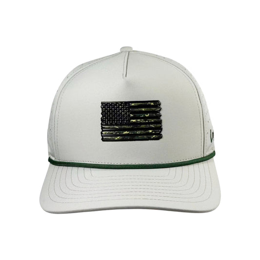 The Tactical Golf Hat | Snapback Cap features an adjustable American Camo design with a built-in magnetic ball marker holder (marker included)—the ideal American flag golf hat for style and function on the course.