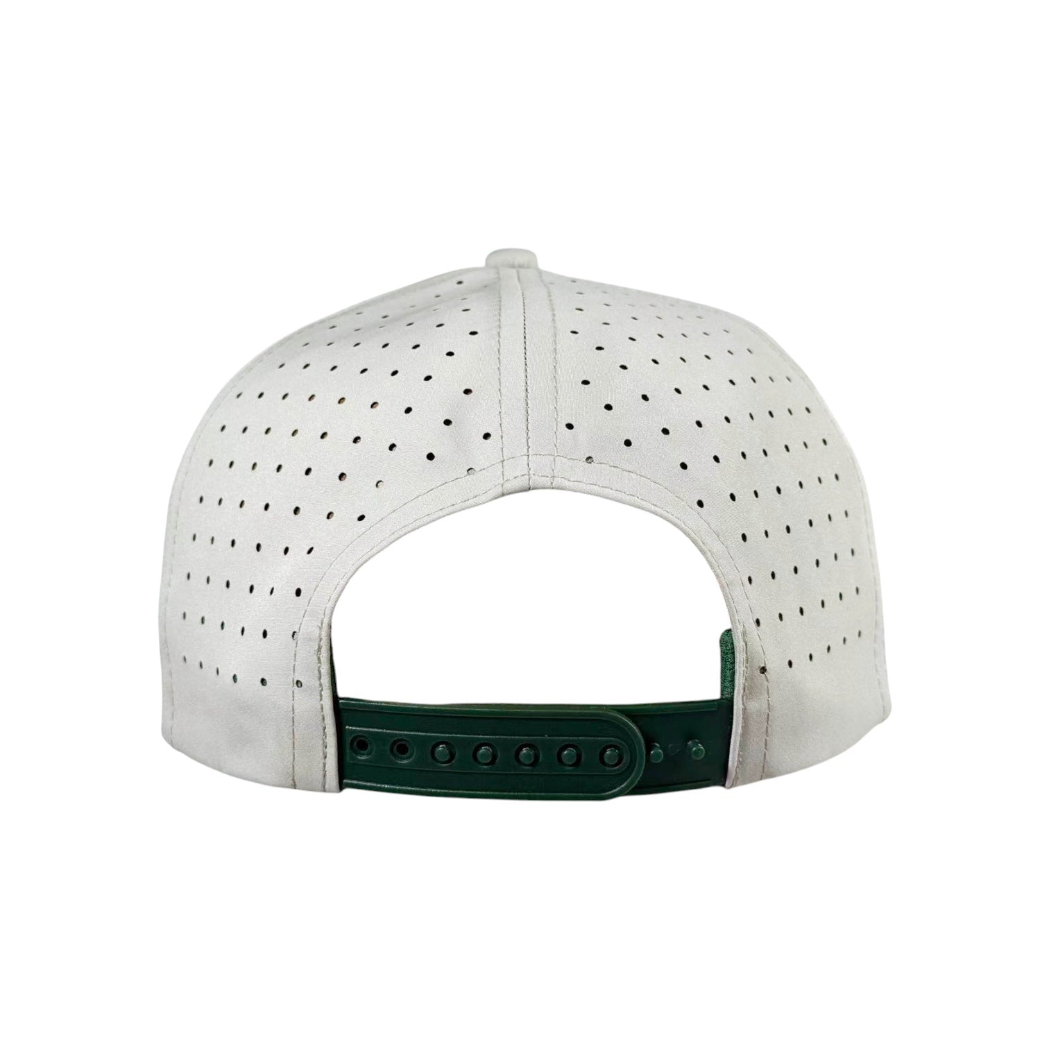 Back view of the Tactical Golf Hat, an adjustable snapback cap in white with green closure, perforated design, subtle American flag detail, and built-in magnetic ball marker holder—displayed on a plain white background.