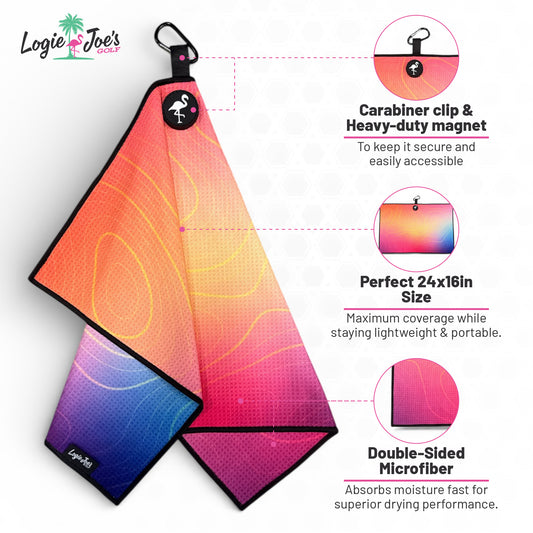 The Nannerdick Golf Towel is a 24” x 16” premium microfiber towel with fast-absorbing, double-sided design, heavy-duty magnet for easy attachment, and a carabiner clip—an essential golf accessory.