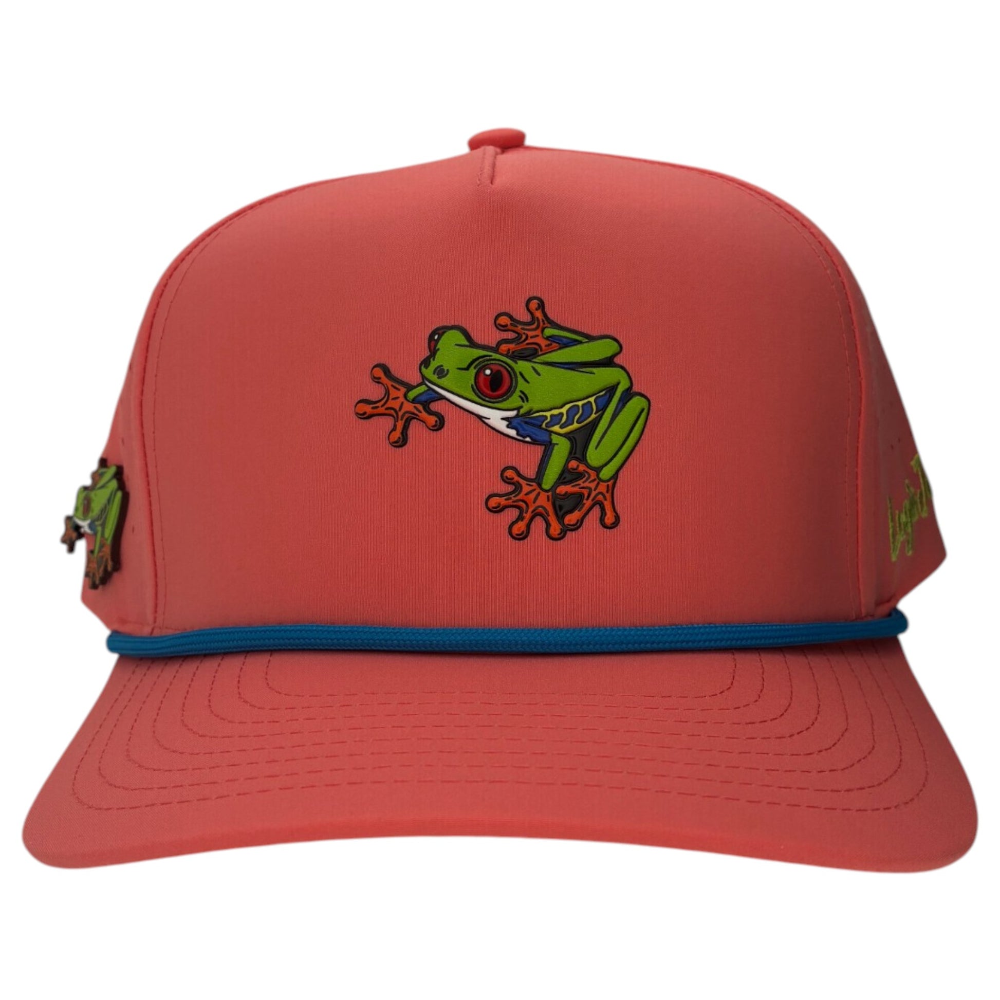 The Tree Frog Golf Hat | Snapback Cap features a red-eyed tree frog design, blue trim, an adjustable fit, and includes a built-in magnetic ball marker holder with marker—great for both on and off the golf course.