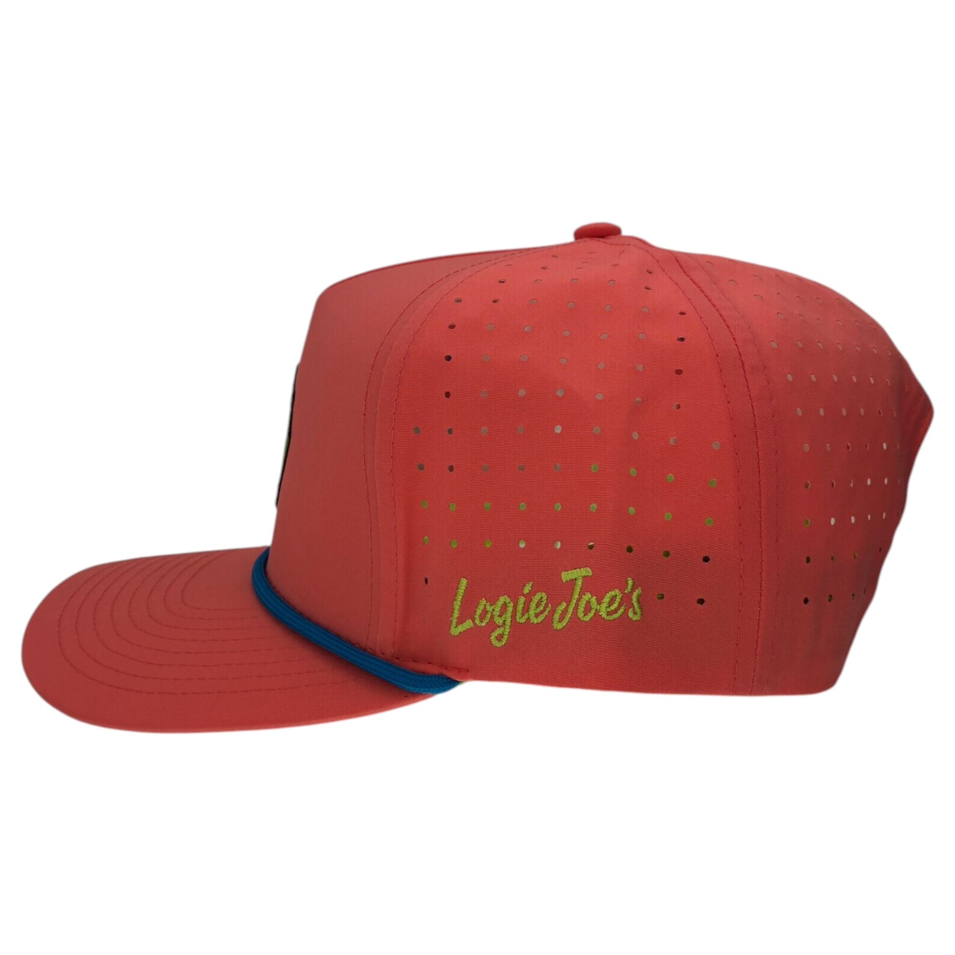 The Tree Frog Golf Hat is a red snapback cap with blue brim trim, yellow-green Logie Joes embroidery, and a built-in magnetic ball marker holder (marker included)—adjustable and stylish for golf or any outing.
